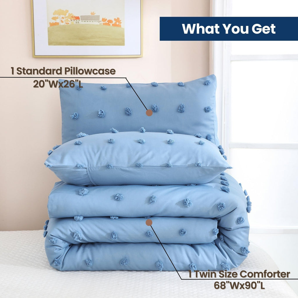 Comforter Set, 2 Pieces- Soft Cotton Lightweight Comforter with 1 Pillowcase, Chenille Dots All Season Down Alternative Comforter Set for Bedding