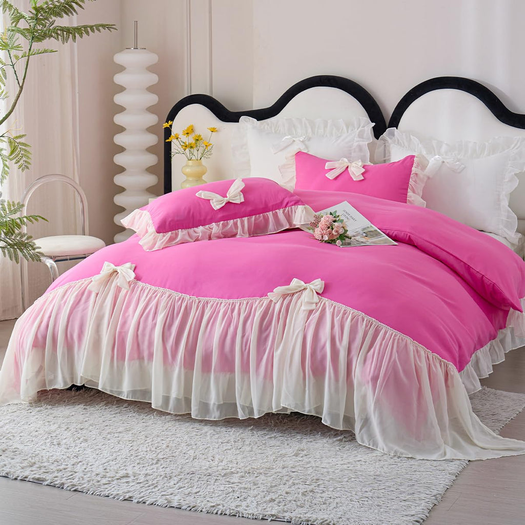 Ruffle Duvet Cover Bedding Set with Bowtie, 2 Pieces Comforter Cover Set with Zipper Closure with Pillowcase