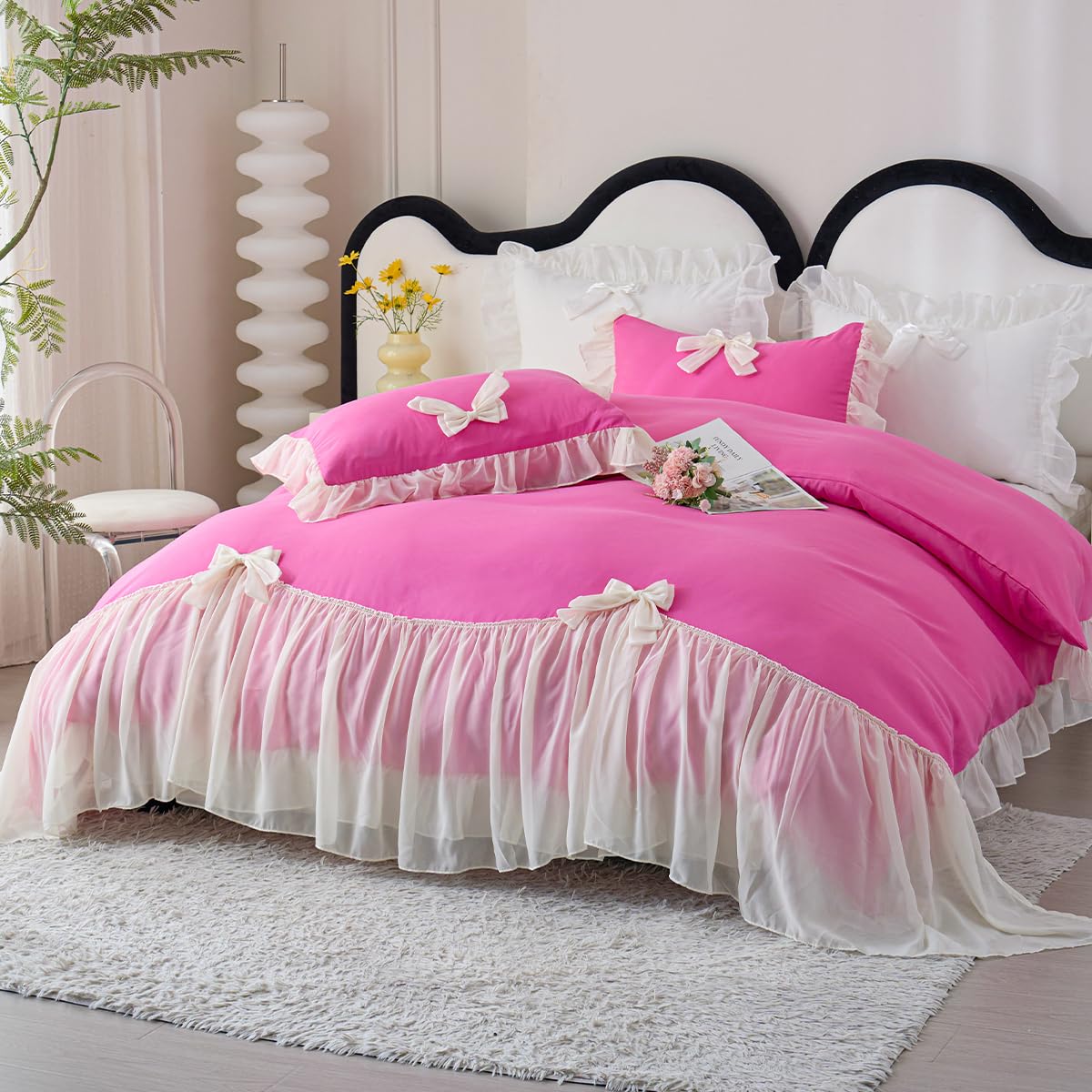 Ruffle Duvet Cover Bedding Set with Bowtie, 2 Pieces Comforter Cover Set with Zipper Closure with Pillowcase