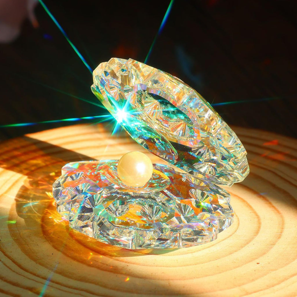 Crystal Glass Figurines Reflective Sea Shell, Glass Shell Figurine with Pearl for Home Decor