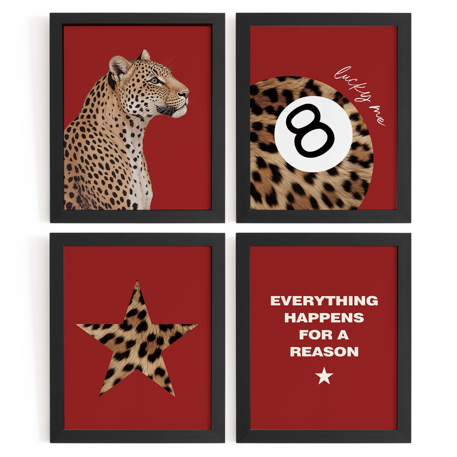 Trendy Leopard Wall Art Prints Set of 4 Funky Lucky 8 Ball Posters Prints Preppy Room Aesthetic Cheetah Wall Decor for Girls Room Dorm Apartment 8x10 Unframed