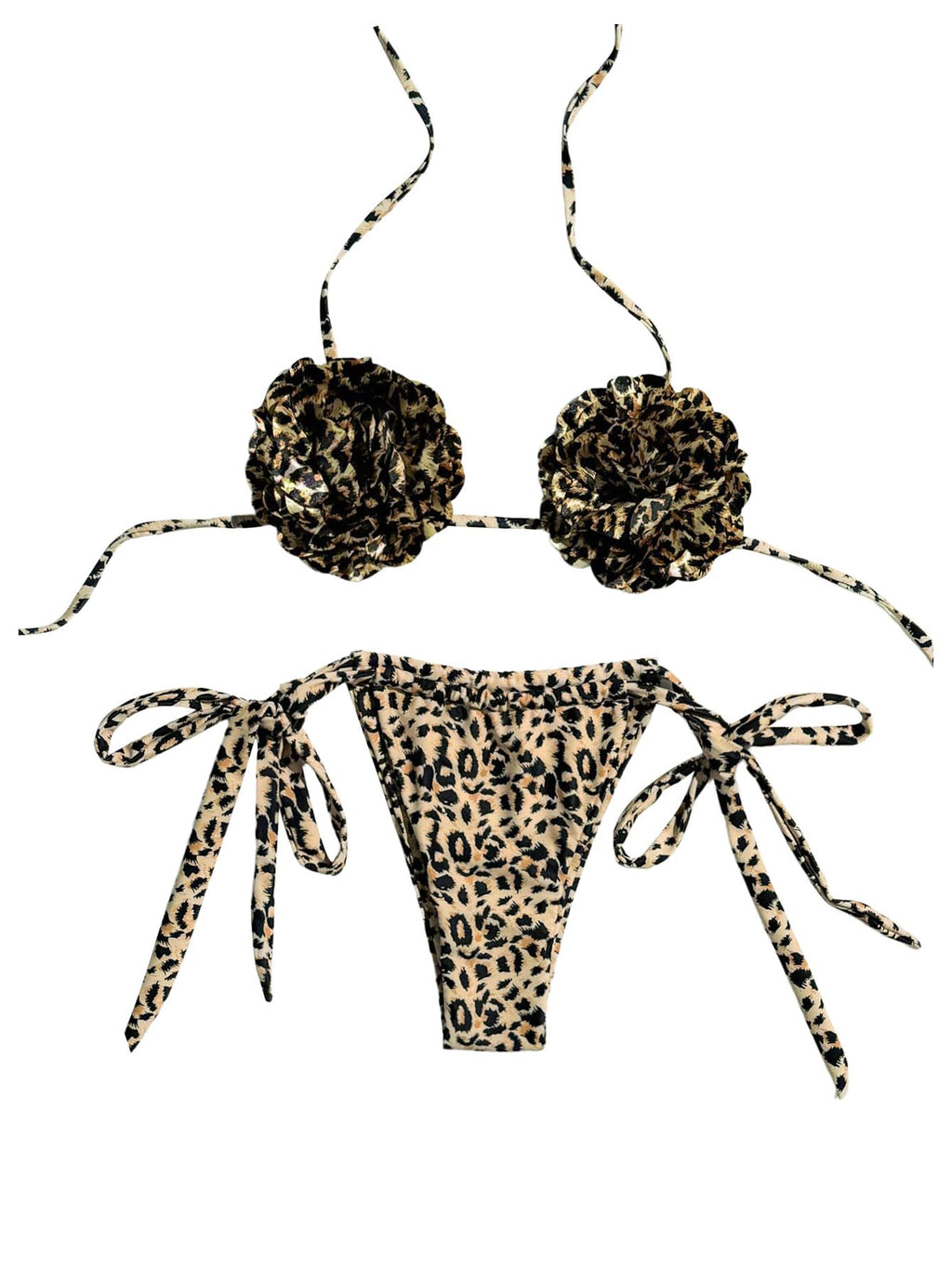 Women's Cheetah Print Bikini Sets 3D Flower Halter Tie Side Backless Beachwear Swimsuits