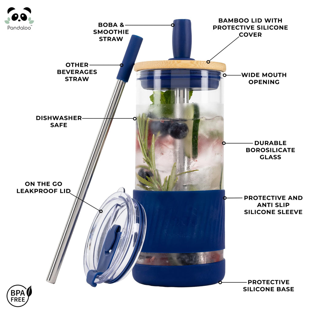 Pandaloo® Glass Cups With Lids and Straws -20 Fl Oz- Perfect Size Iced Coffee Cup - Smoothie Cup With Bamboo Lid and On the go Lid - Glass Tumbler With Straw