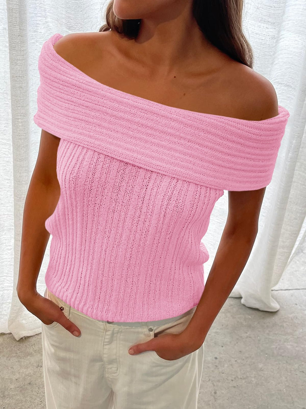 Womens Off The Shoulder Sweater Tops Summer Sleeveless Strapless Ribbed Sexy Pullover Shirts