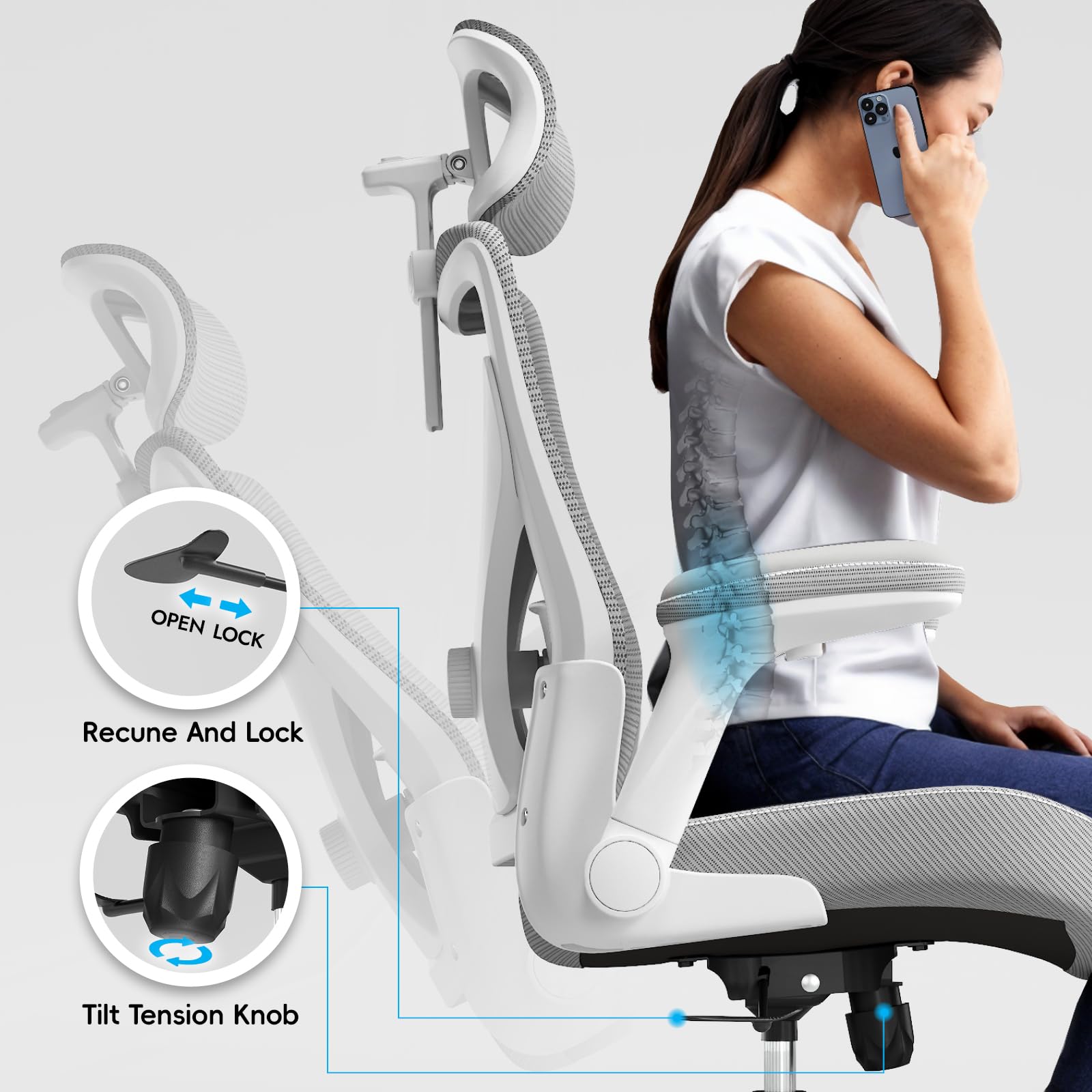 Ergonomic Desk Chair-Computer X-Shaped Chair Mesh PU Leather with Adjustable Lumbar Support-Executive Chair High Back with Headrest Flip-Up Arms for Long Hours