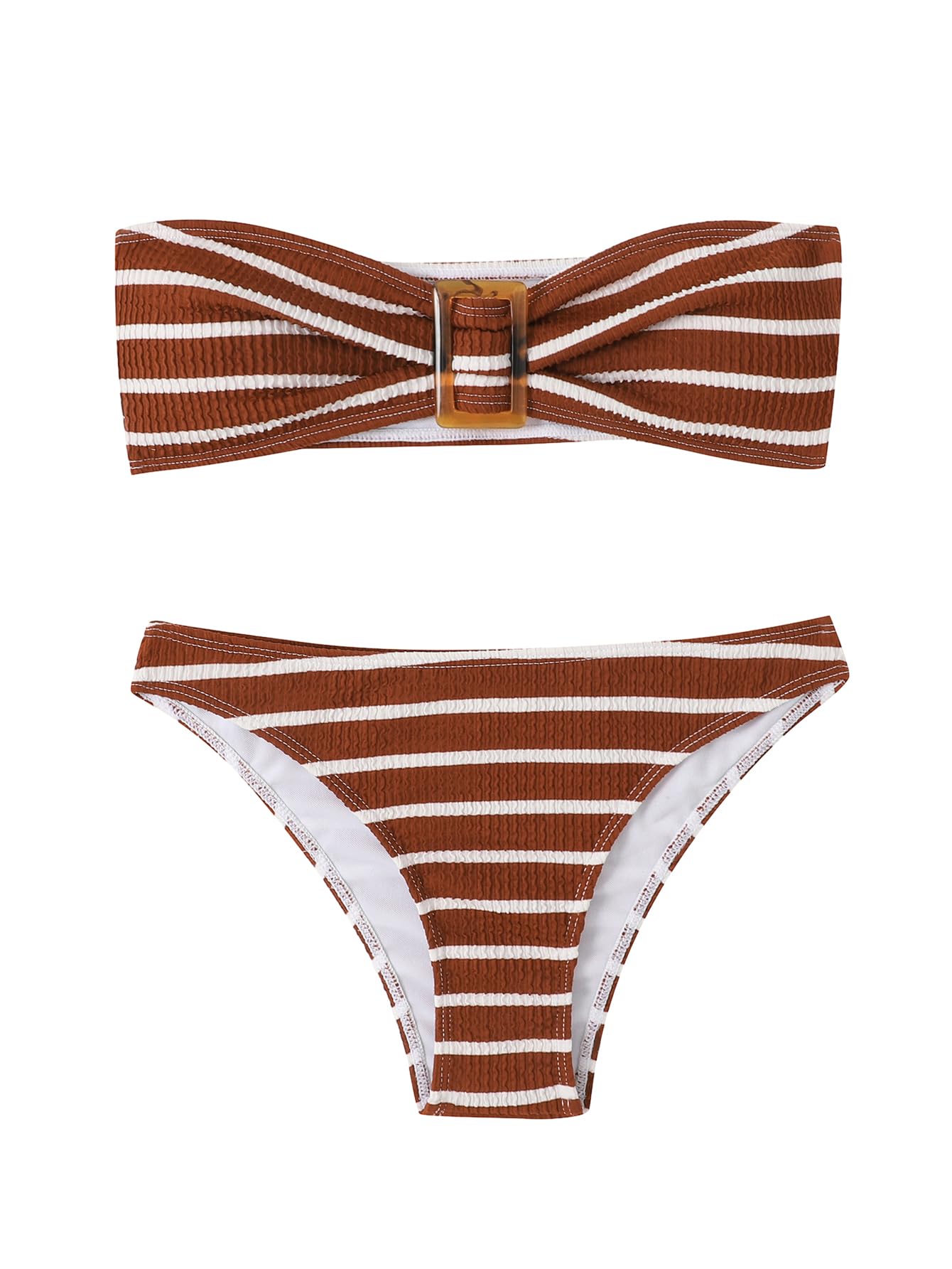 Women's 2 Piece Strapless Swimsuit Striped Bandeau High Waisted Thong Bikini Set Bathing Suit