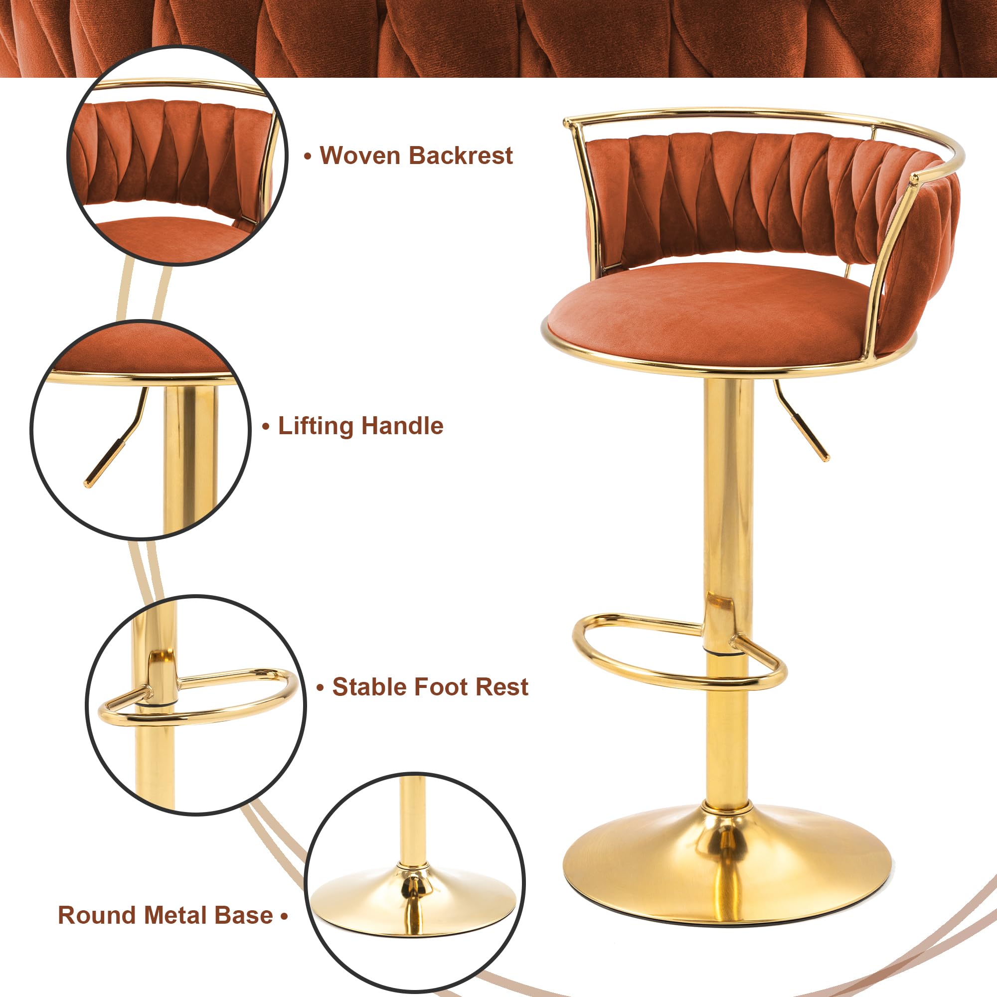 Velvet Swivel Bar Stools, Adjustable Counter Height Bar Chairs with Low Back & Footrest, Modern Gold Bar Stools for Kitchen Island, Bar Pub