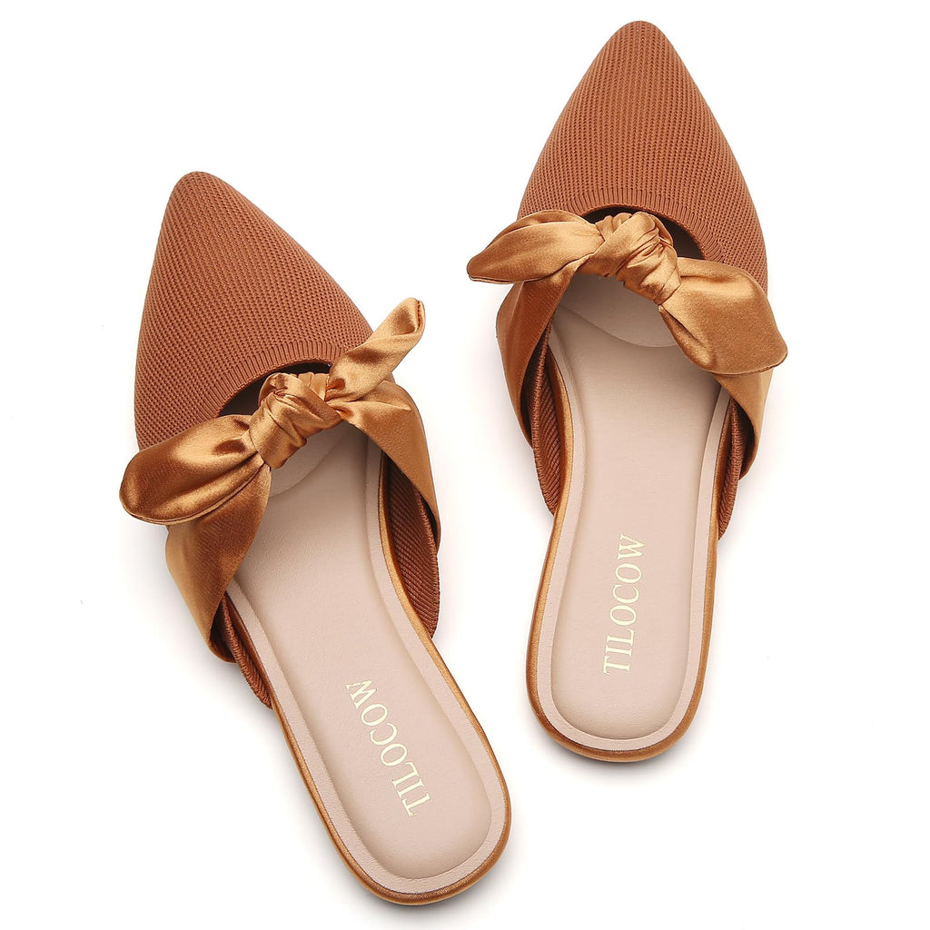 Knotbow Mules for Woman Pointed Toe Flats Bow Mules Slip On Slides Flats Shoes Women Dressy Comfortable