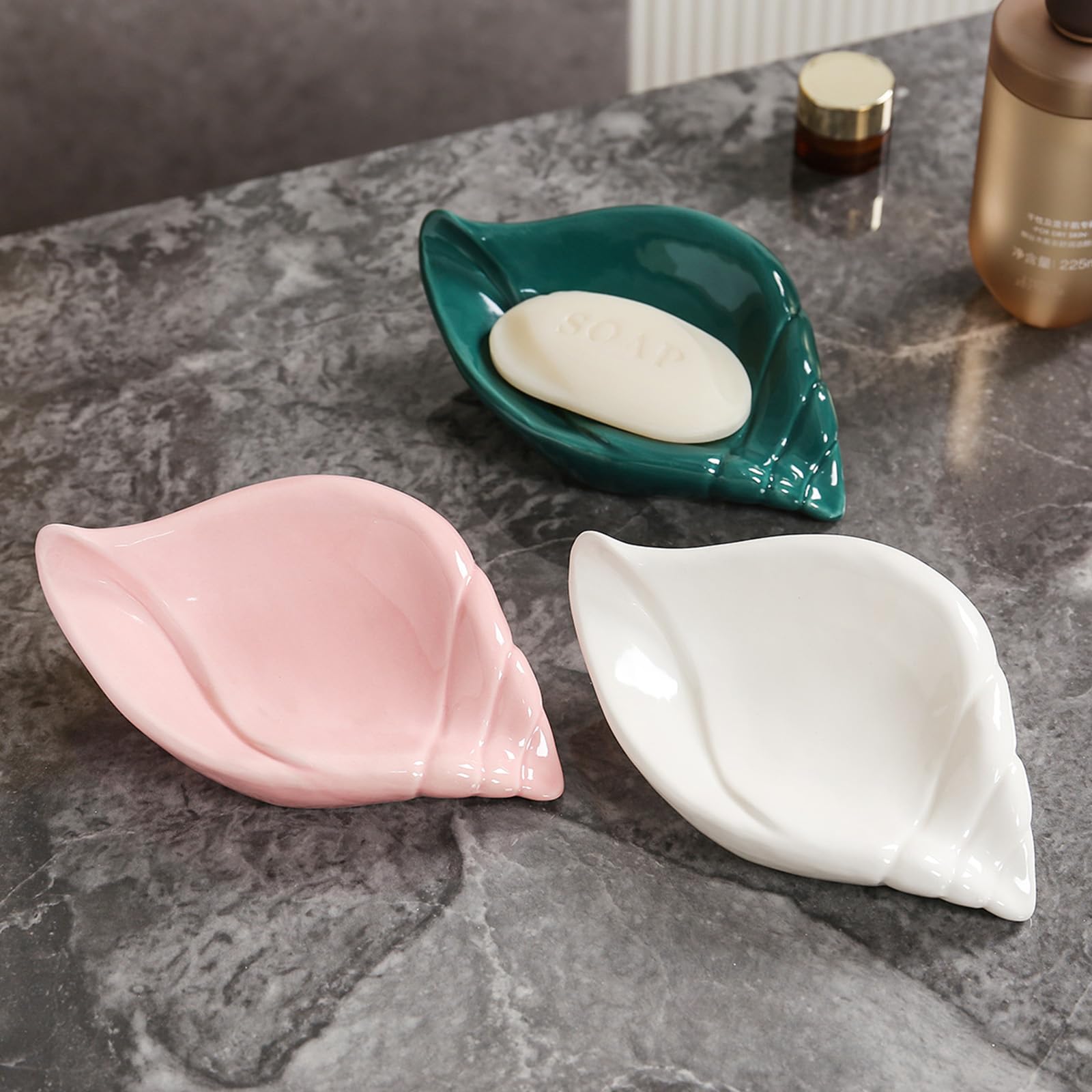 Sea-Shell Soap Holder, Ceramic Soap Tray with Self Draining, Soap Tray for Sink Washroom Bathroom Shower, Small Cute and Elegant Holder with Glaze