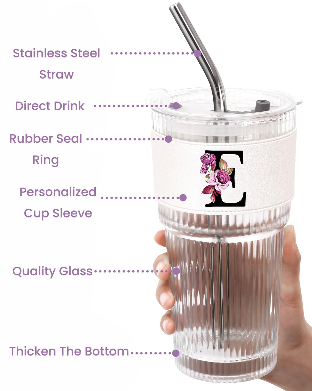 Initial Glass Cup with Lid Straw Ribbed Ice Tea Clear Tumbler Her Sister Coffee Matcha Latte Girlfriend Gf Aunt Best Friend Friendship Bestie Wife Cute Asthetic Unique Birthday Personalized Gift K