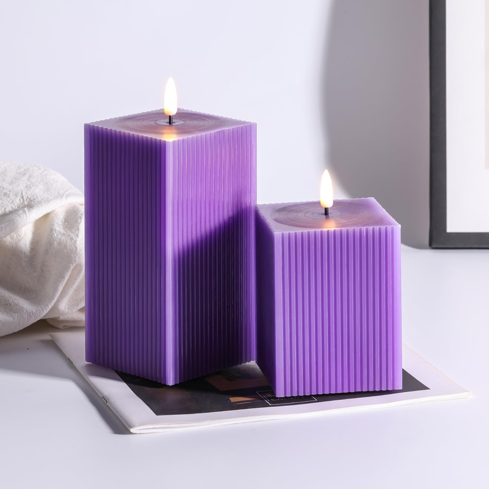 Square Ribbed Flameless Candles with Remote, Flickering Real Wax Battery LED Candles 3" H 4" 6"