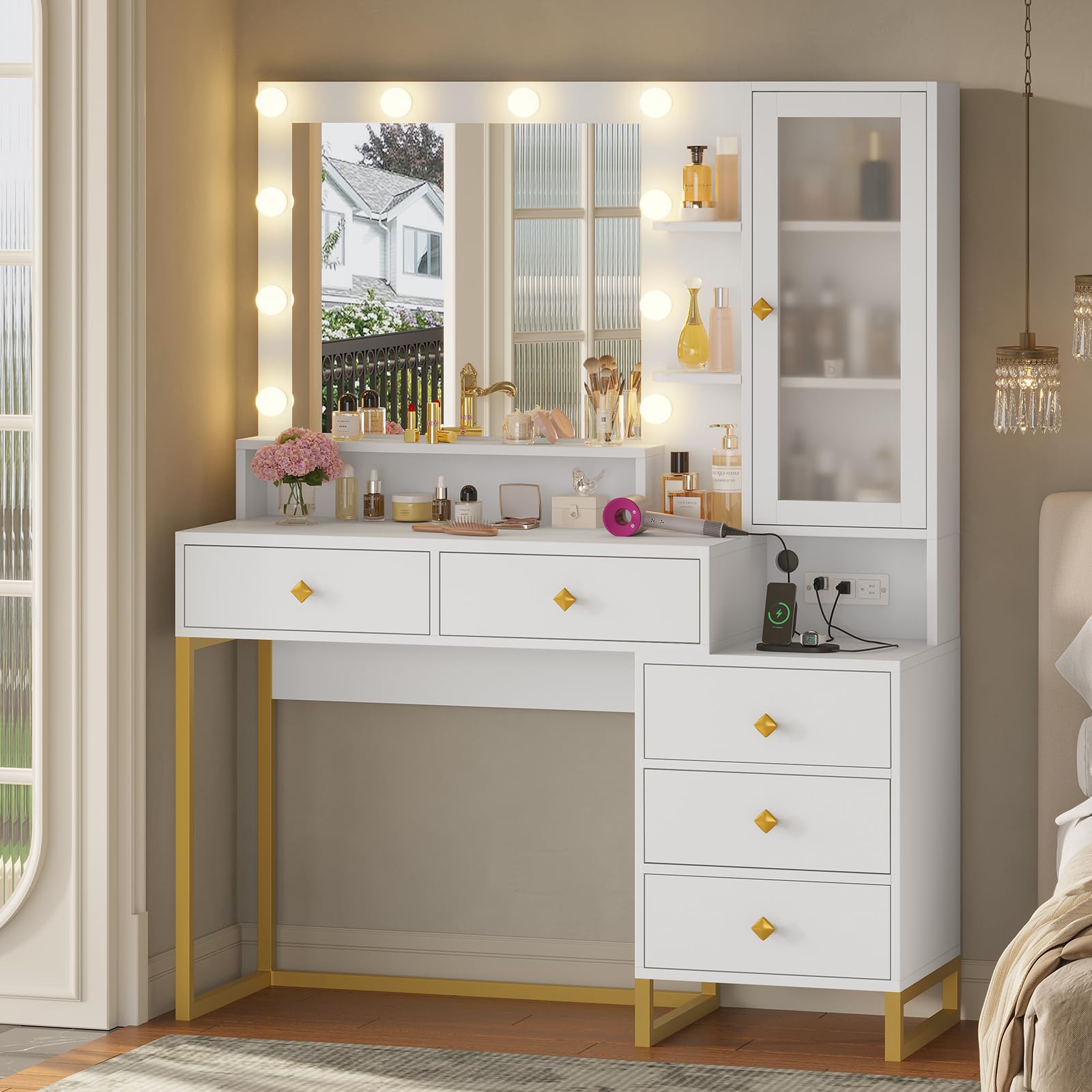 Vanity Desk with Mirror and Lights & Charging Station, White Vanity Table with 5 Storage Drawer & Glass Door & 3 Shelves