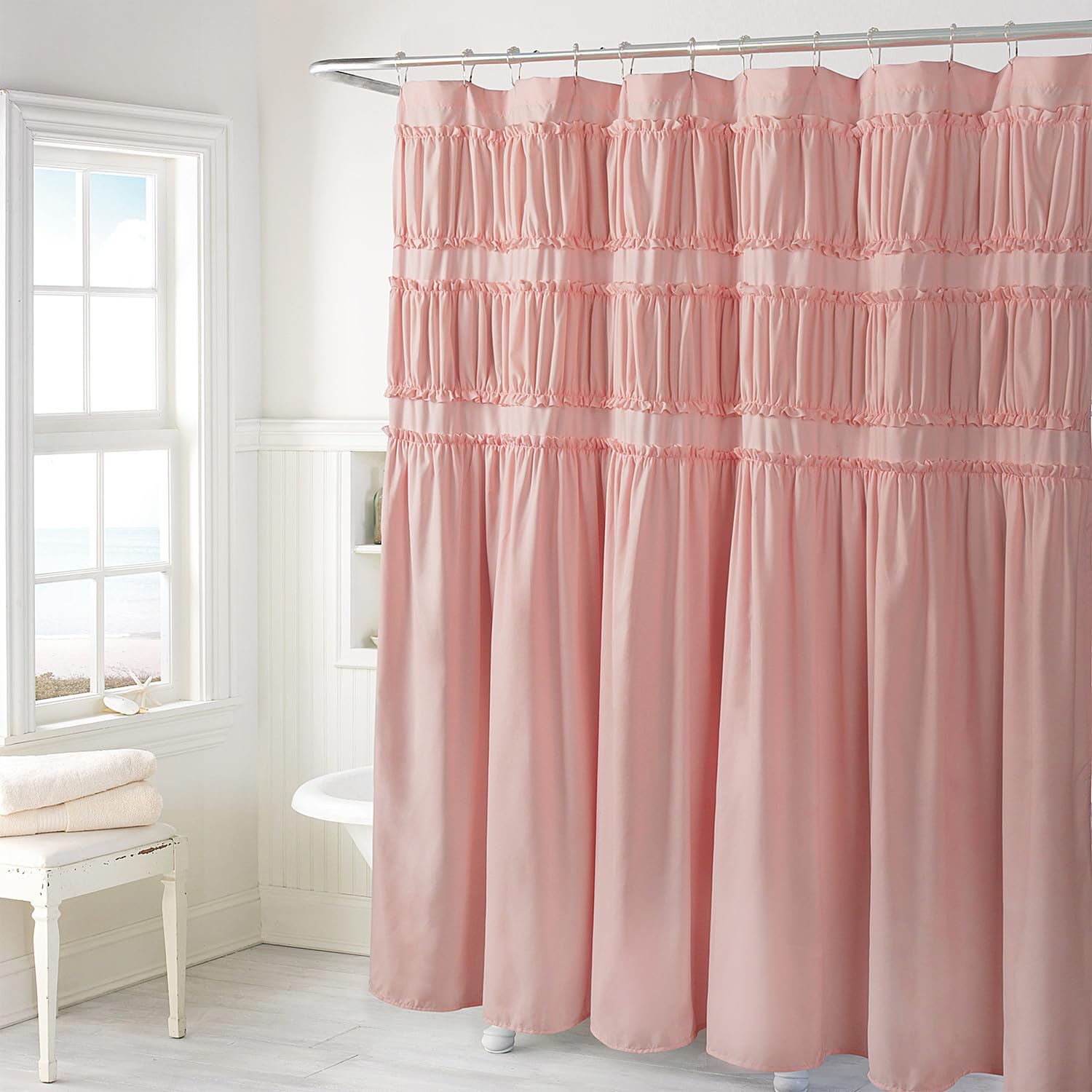 Ruched Ruffled Shower Curtain 72" W x 72" H, Microfiber Rustic Decorative Bath Curtain Boho Décor