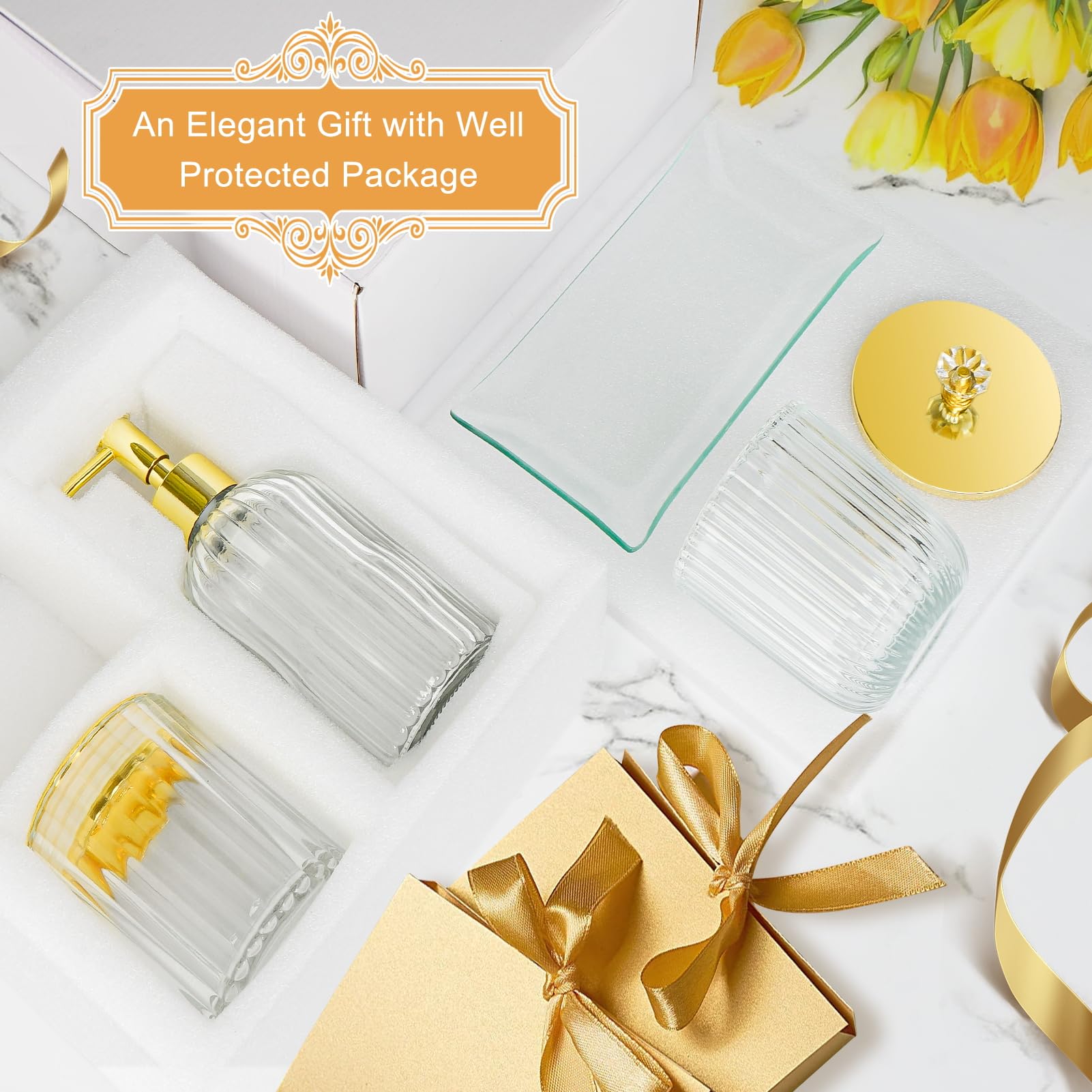 Glass Bathroom Accessories Set 4PCS Bathroom Accessories Set with Soap Dispenser Toothbrush Holder Qtip Holder & Vanity Tray