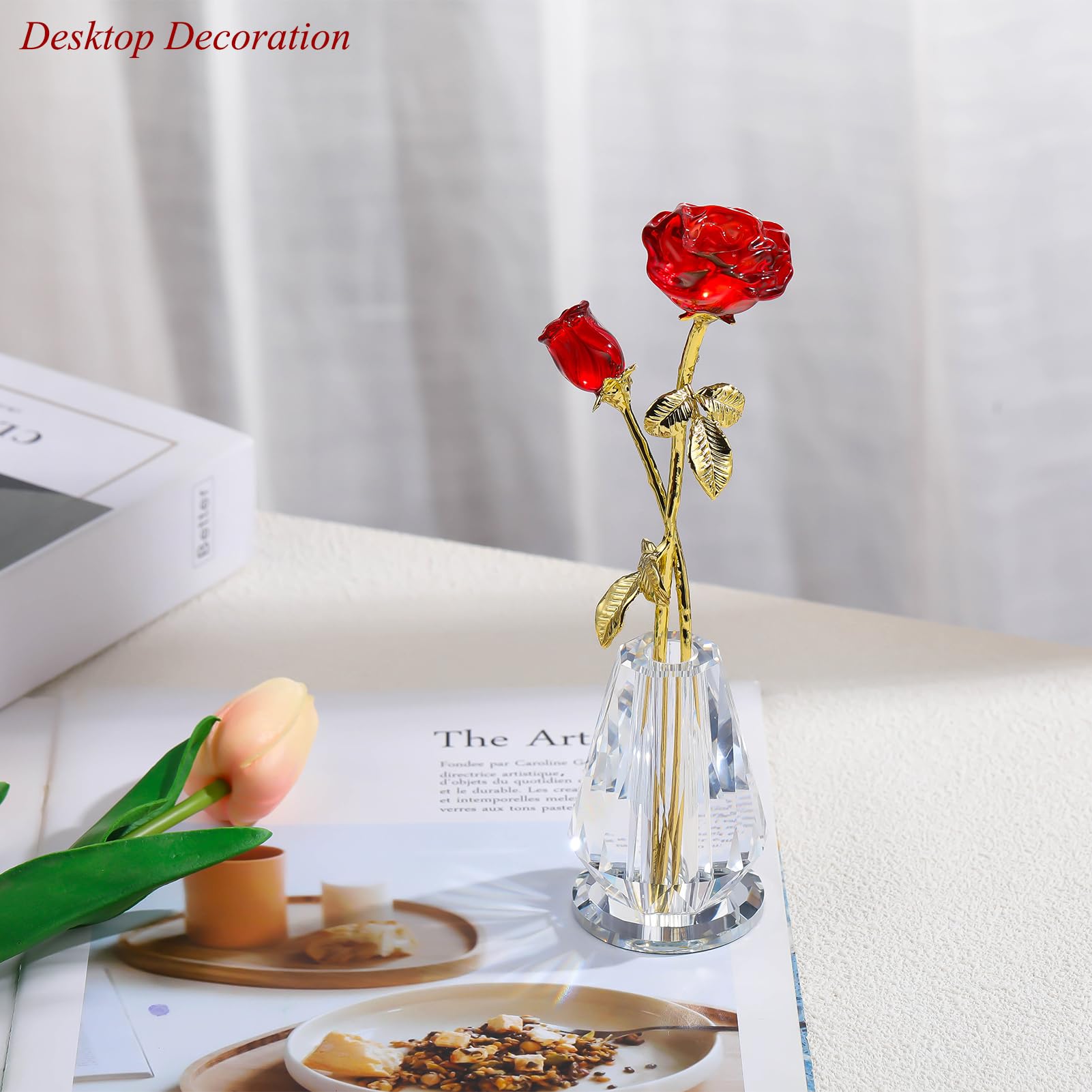 Crystal Rose Flowers Figurines Home Decor, Glass Roses with Stems