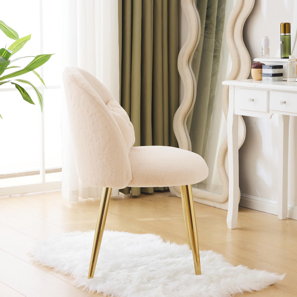 Cute, non-wheeled desk chair with backrest, fluffy cushion, cozy makeup chair with adjustable golden legs