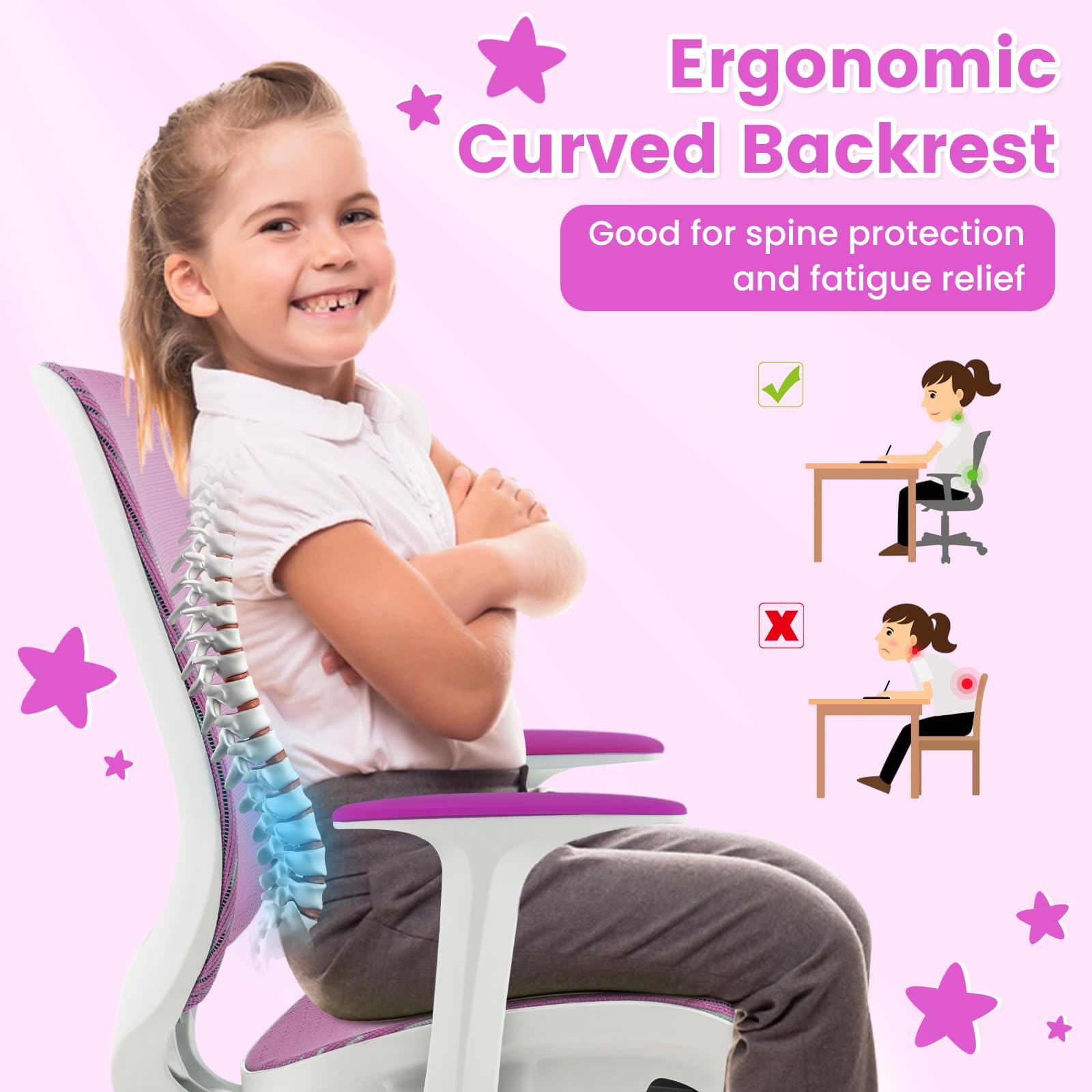 Swivel Mesh Task Chair Height Adjustable Children Study Computer Chair with Armrests, Sit-Brake Casters