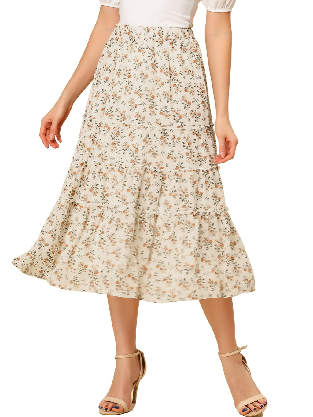 Women's Floral Skirt Chiffon A-line Long Tiered Ruffle Boho