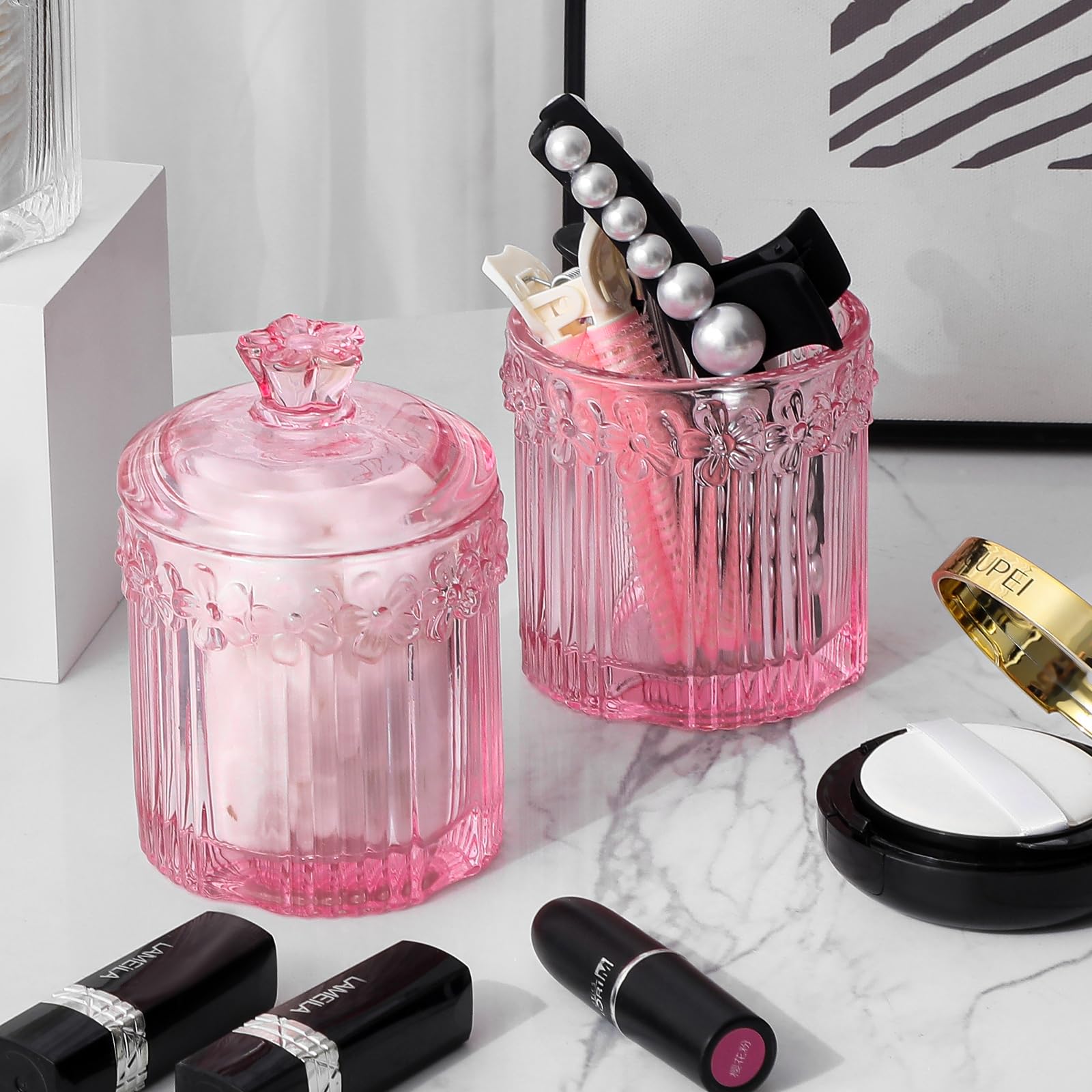 Qtip Holder Glass Apothecary Jars with Lids Set Bathroom Canisters Dispenser Organizers and Storage for Cotton Swabs, Balls, Pads, Floss Picks, Candy 2 Pack