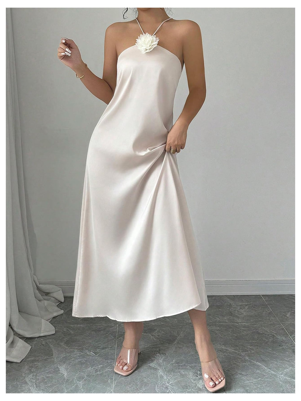 Women's 3D Floral Halter Dress Criss Cross Backless Sleeveless Maxi Dresses