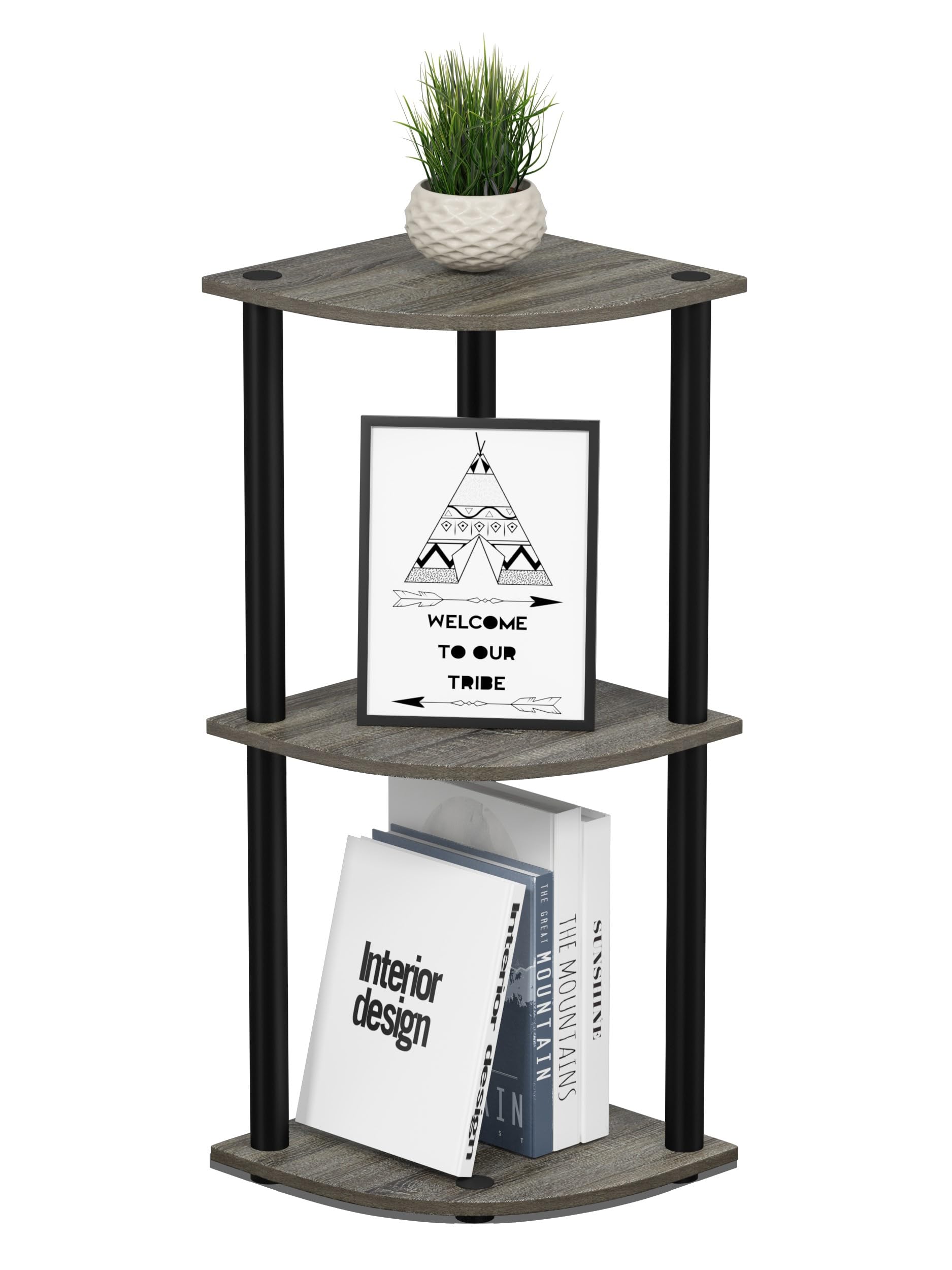 Three-Tier Round Tube Reversible Corner Display Rack Multipurpose Shelving Unit