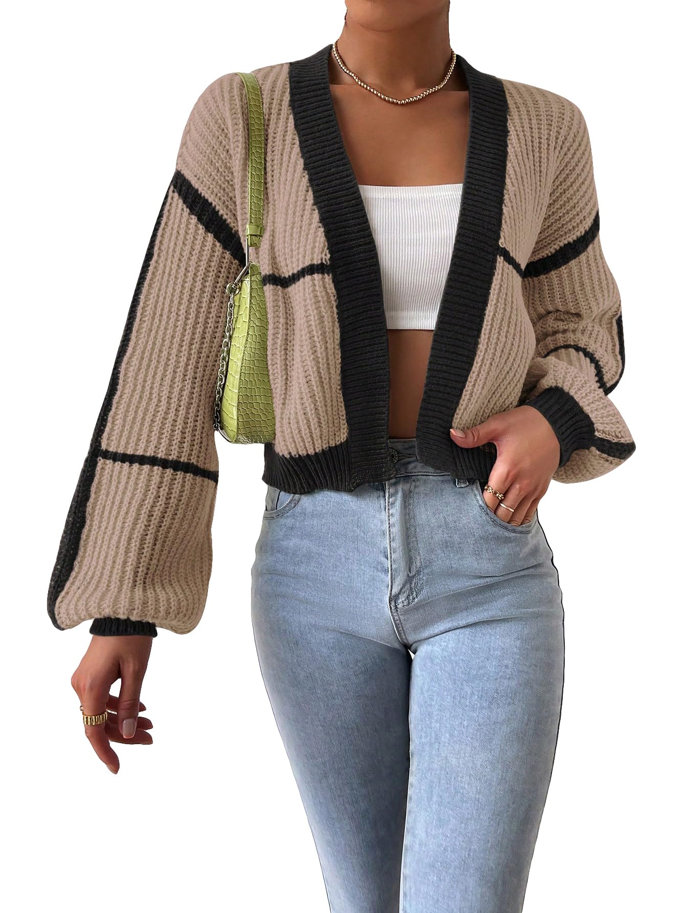 Women's Color Block Crop Cardigan Top Bishop Long Sleeve Open Front Sweater