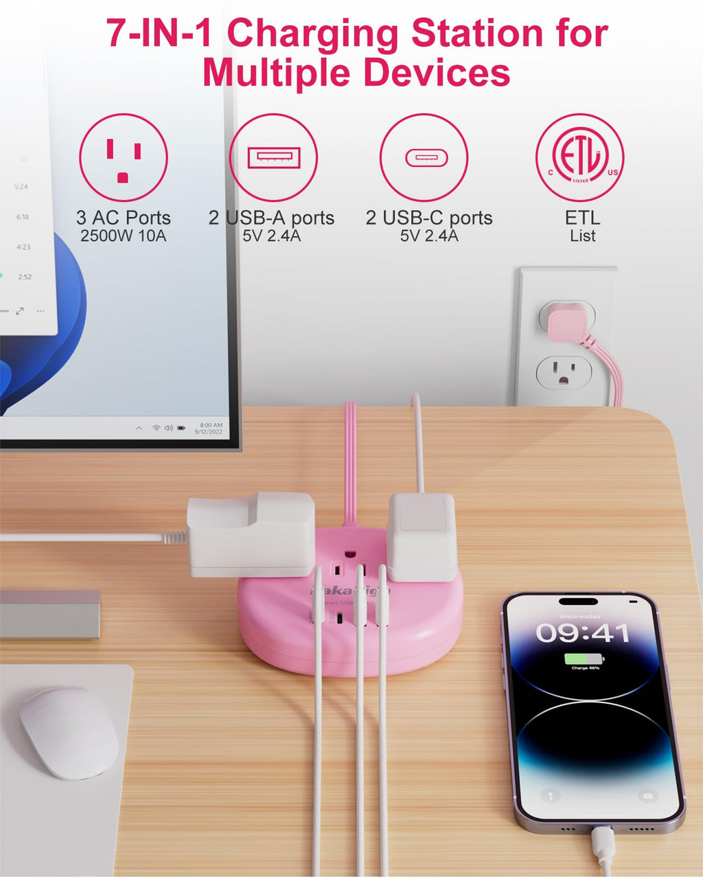 Cute Surge Protector â€?5FT Flat Extension Cord, 3 Outlets, 4 USB Ports (24W)