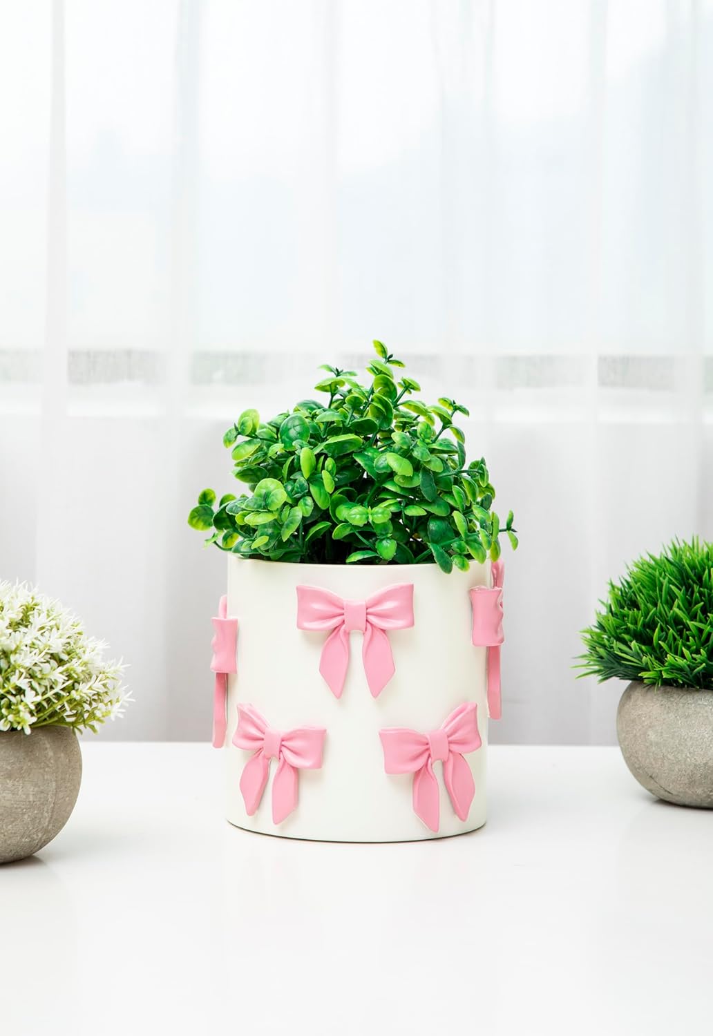 Pink Bow Planter - Coquette Bow Room Decorative Cute Flower Pot with Drainage Hole, Resin Planters for Indoor Plants, Girly Gardening Pot for Home Aesthetic
