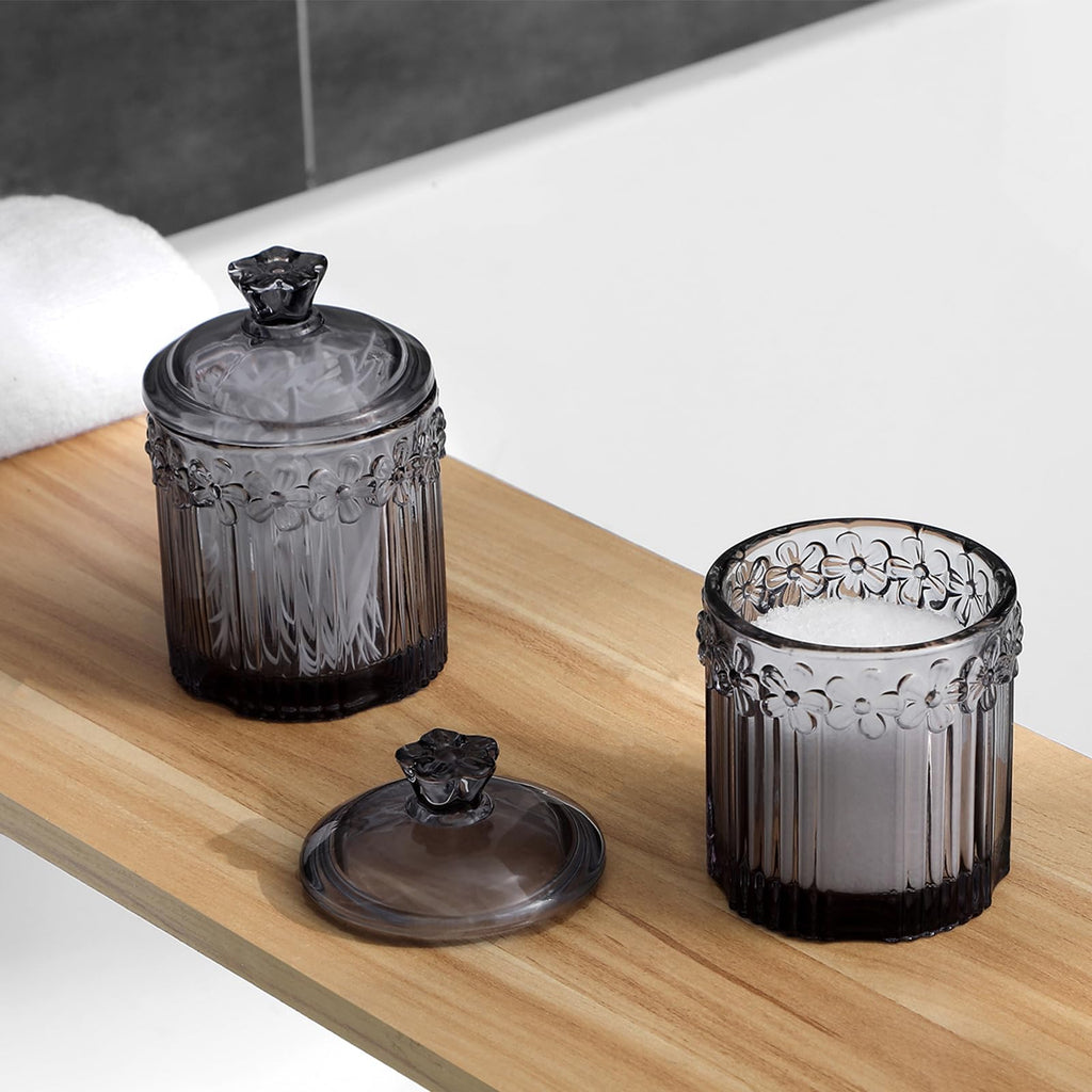 Qtip Holder Glass Apothecary Jars with Lids Set Bathroom Canisters Dispenser Organizers and Storage for Cotton Swabs, Balls, Pads, Floss Picks, Candy 2 Pack