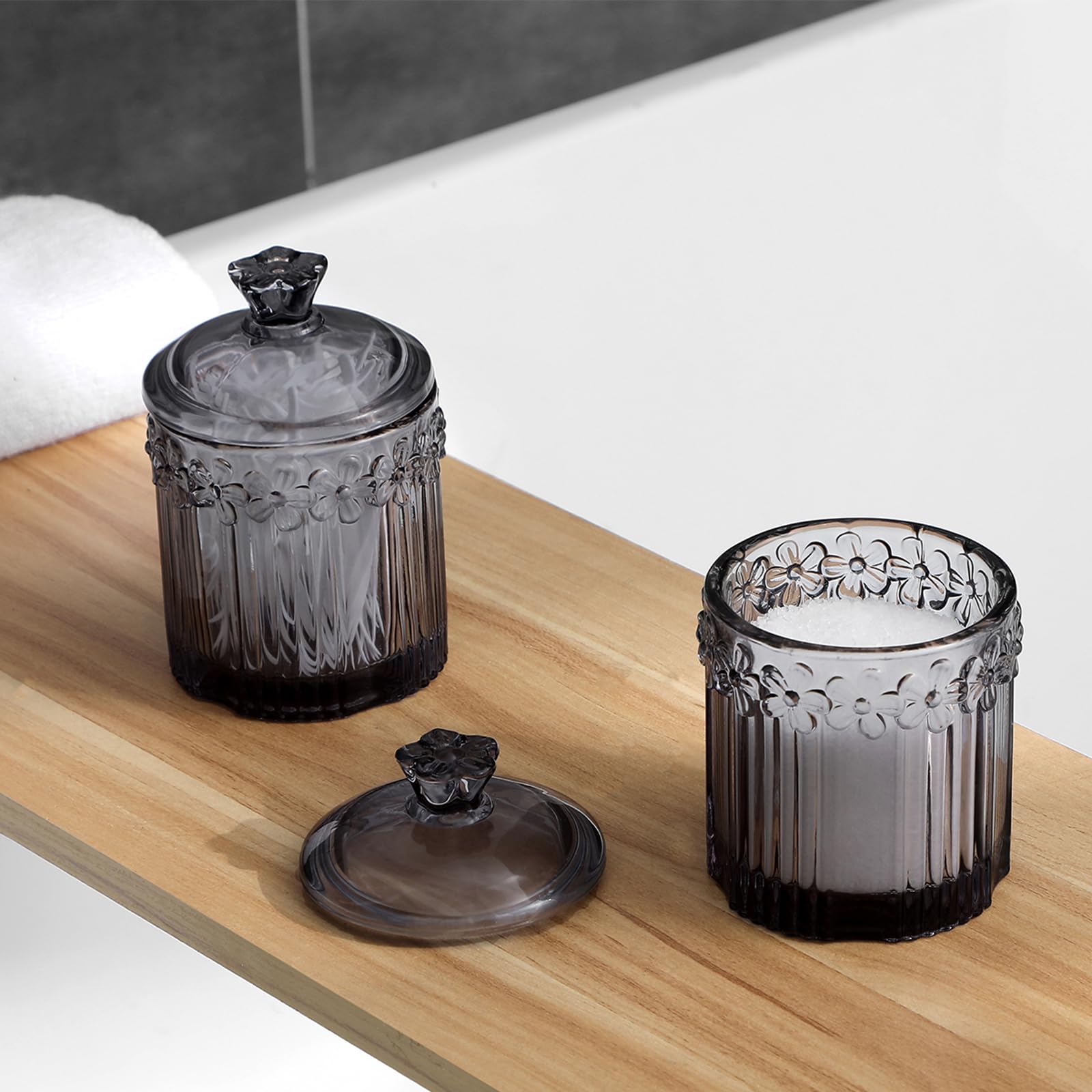 Qtip Holder Glass Apothecary Jars with Lids Set Bathroom Canisters Dispenser Organizers and Storage for Cotton Swabs, Balls, Pads, Floss Picks, Candy 2 Pack