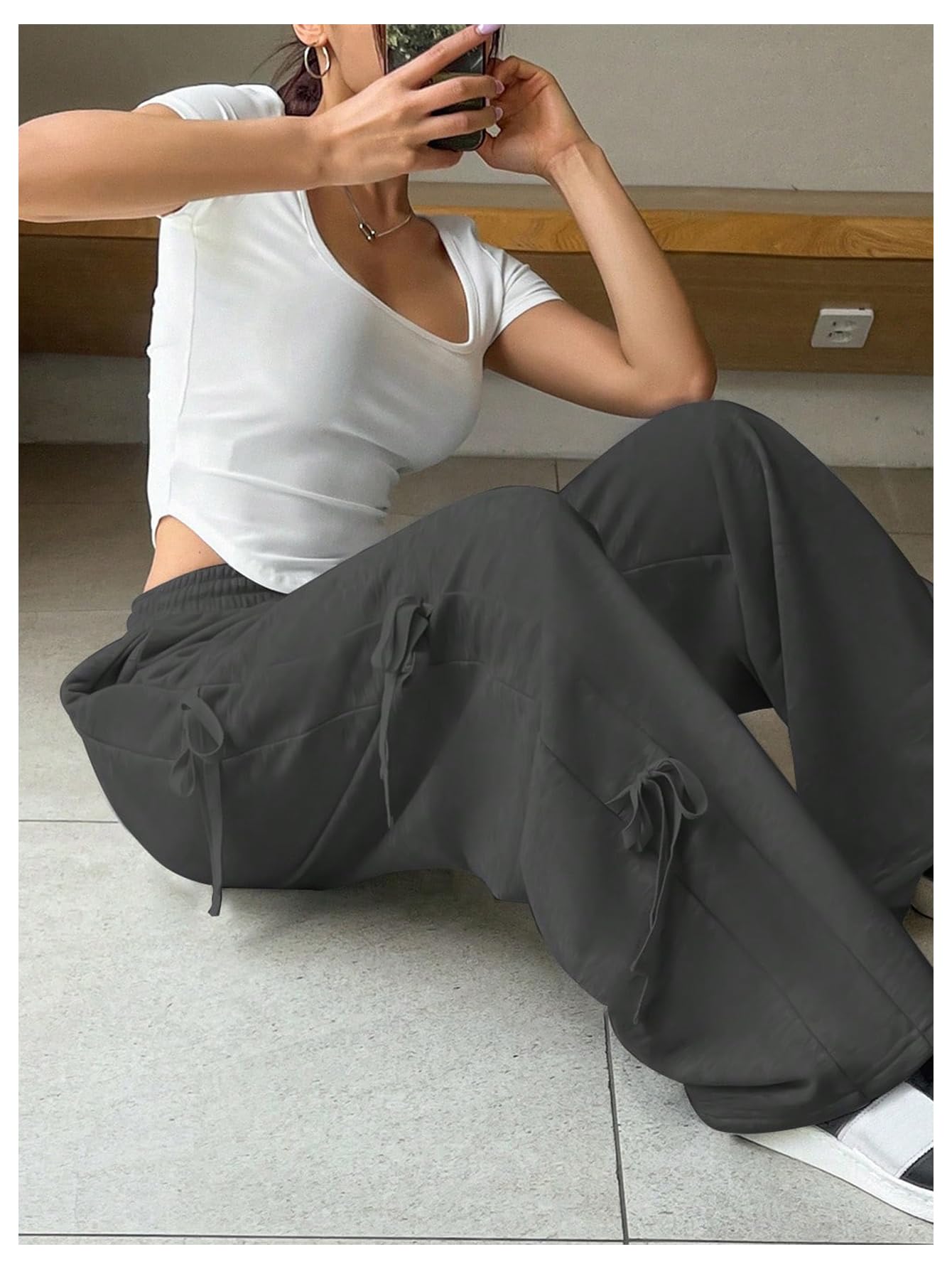 Women's Side Bow Tie Straight Leg Sweatpants Drawstring Elastic Waist Loose Athletic Sports Pants