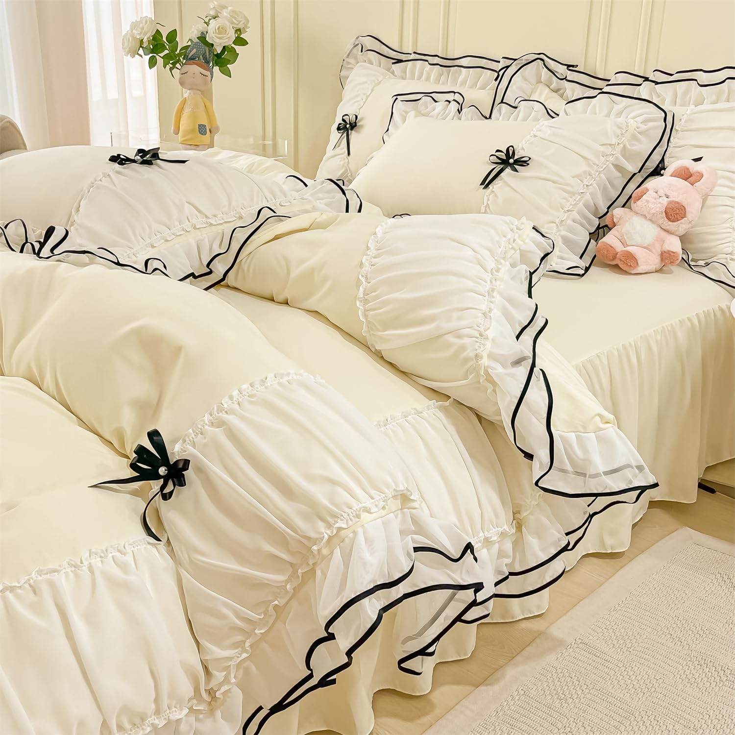 Duvet Cover Ruffle Beddding Set with Bowtie - 3 Pieces Comforter Cover Set with Zipper Closure & Pillowcase - Comforter Not Included