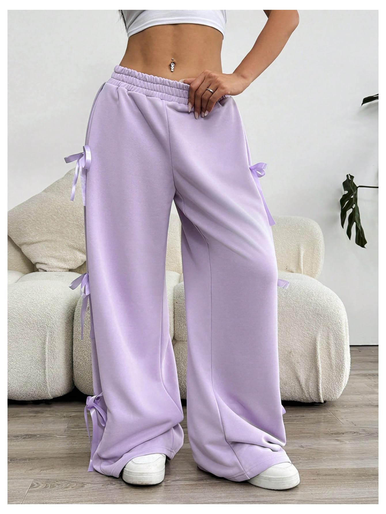 Women's Bow Wide Leg Sweatpants Elastic Waist Casual Baggy Pants with Pocket