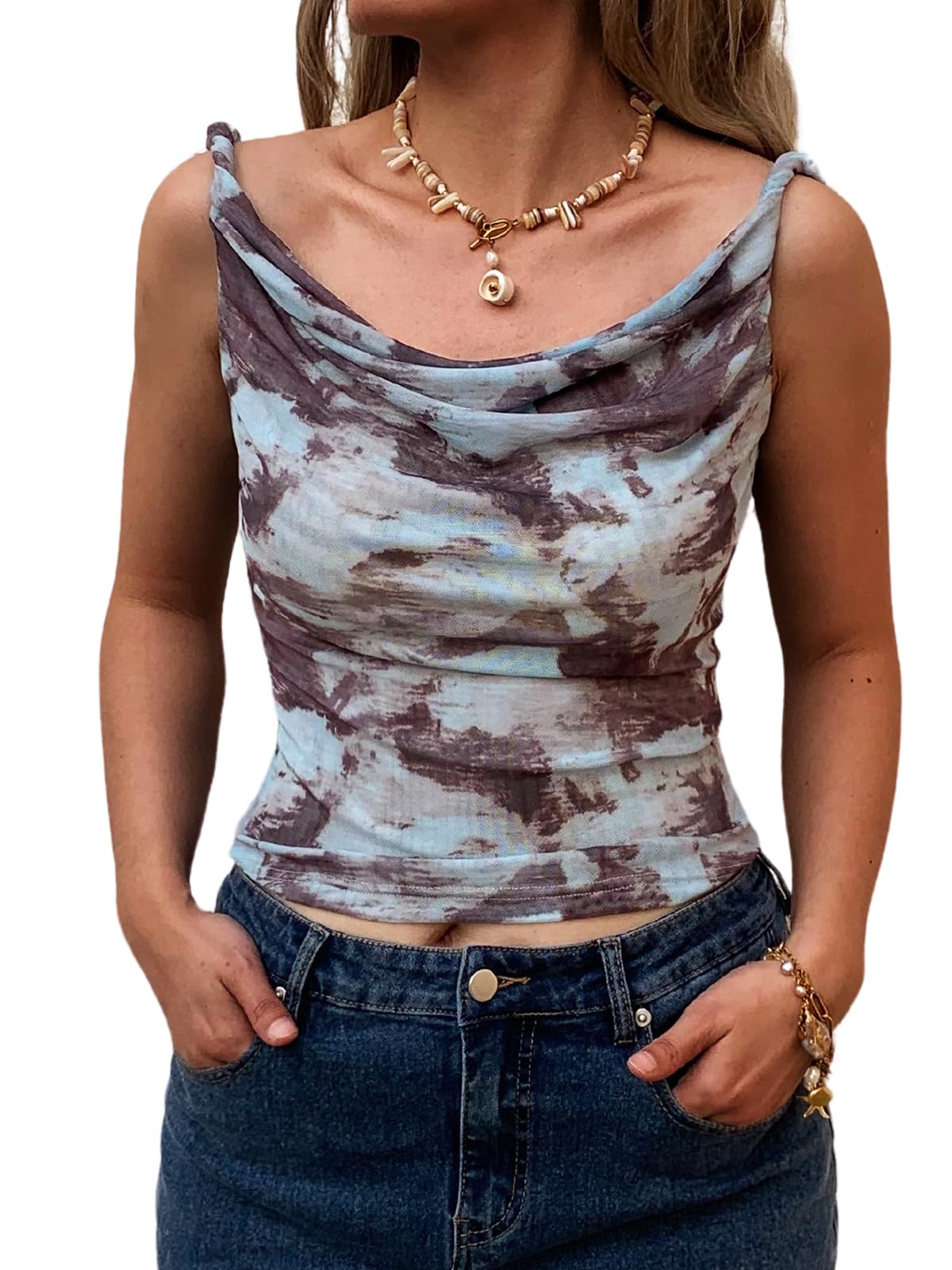 Women's Off The Shoulder Top Sleeveless Twist Strap Slim Fit Tie-Dyed Stretchy Tank Top Y2K Casual T Shirts
