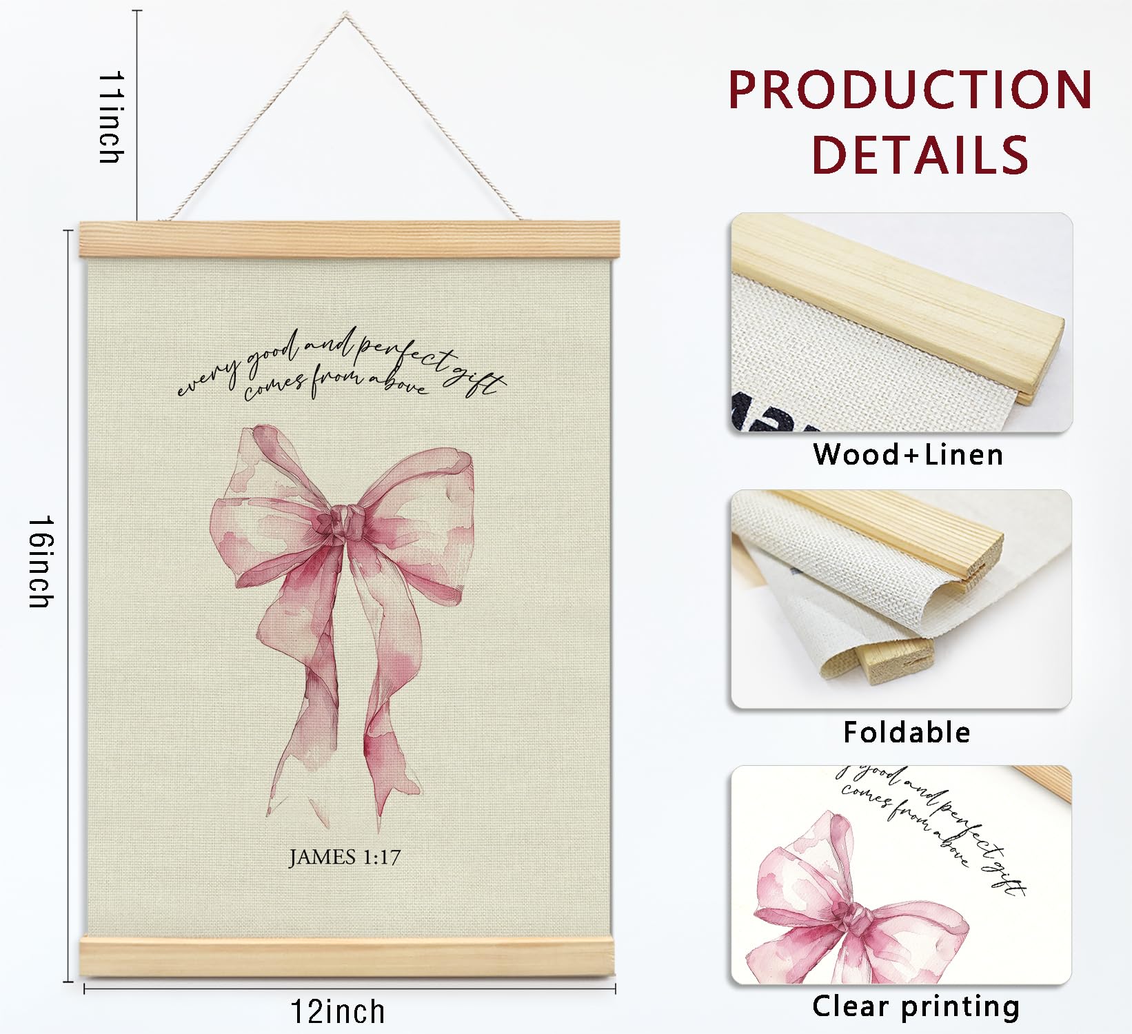 Trendy Bows Pink Coquette Scripture Wall Art Poster Hanger Frame, Christian Bible Verses Posters Wall Art Decor