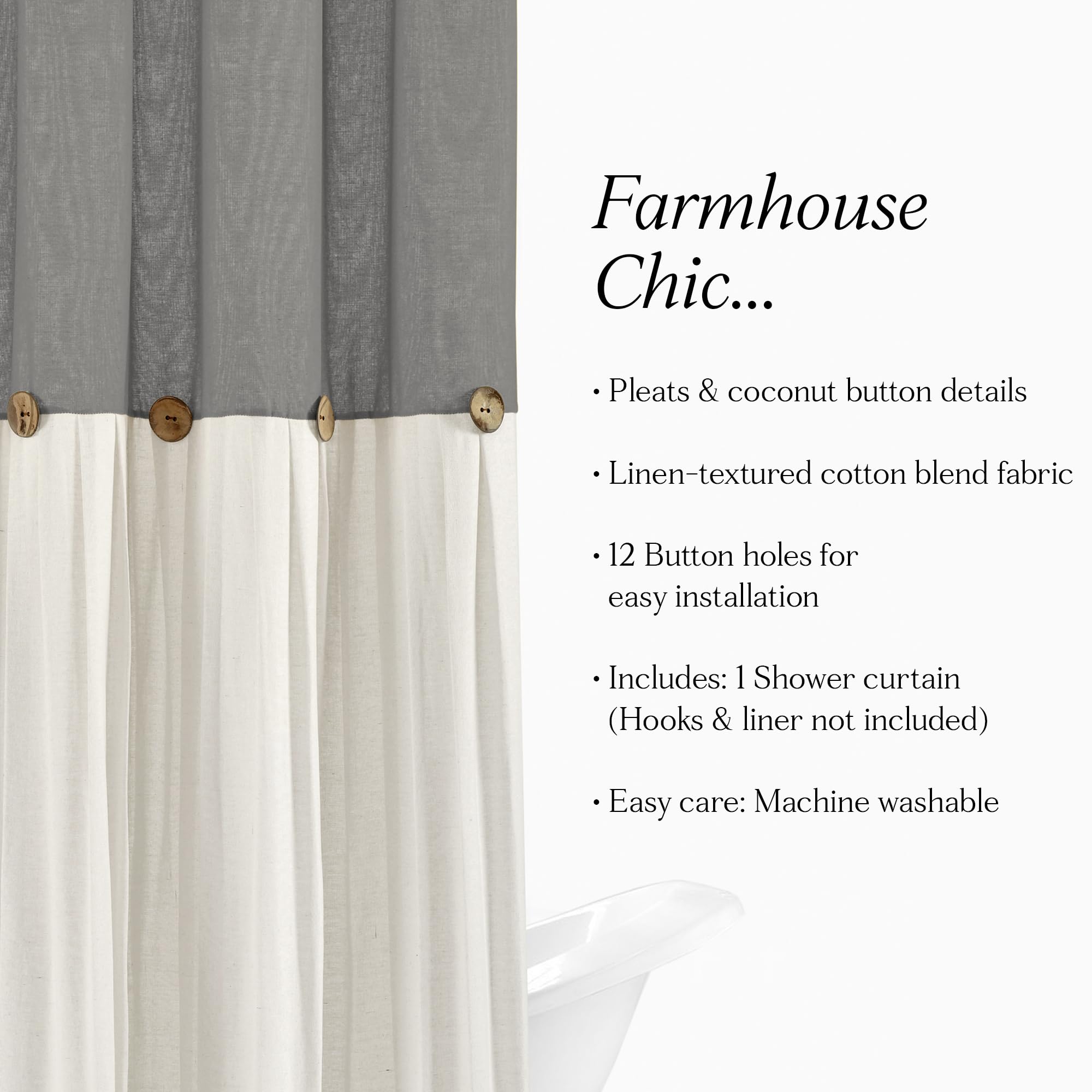 Lush Decor Linen Button Shower Curtain, 72" W x 72" L, Fabric Shower Curtains