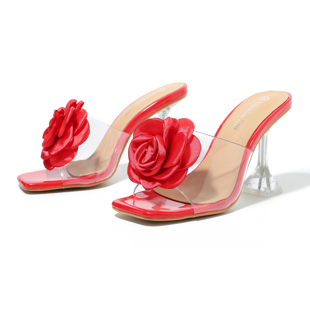 Women Flowers High Heels Mules Sandals Square Toe Slip On Sandals