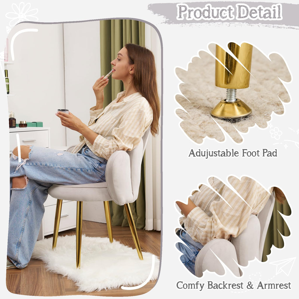 Cute, non-wheeled desk chair with backrest, fluffy cushion, cozy makeup chair with adjustable golden legs