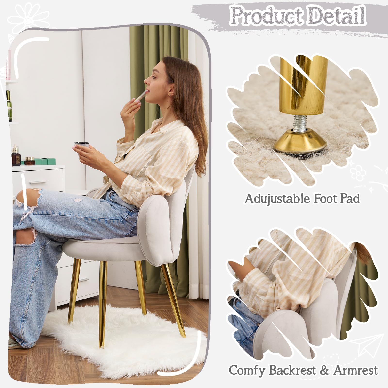 Cute, non-wheeled desk chair with backrest, fluffy cushion, cozy makeup chair with adjustable golden legs