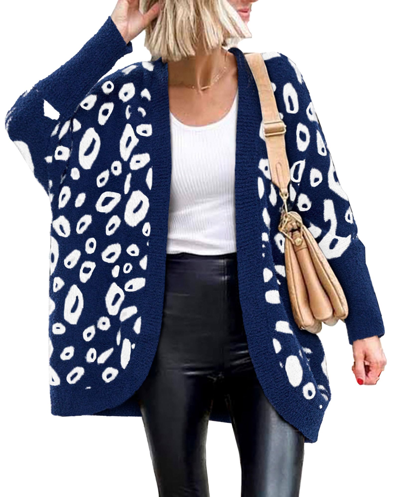 Women Fashion Leopard Print Long Sleeve Sweater Cardigan Loose Knit Open Front Fall Winter Outwear Coats