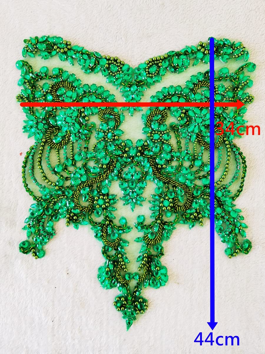 Handmade red/Blue/Gold/Green Rhinestones lace Bodice Applique Sewing Beads Crystal Trim Patches Accessory for Dress Clothes (Rose red)