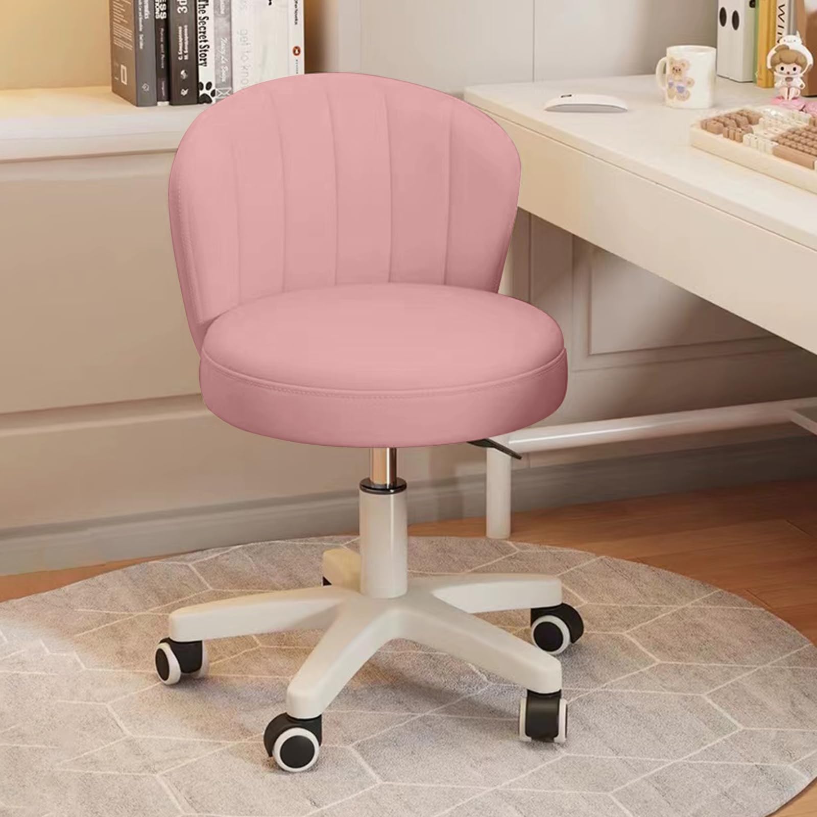 Small Desk Chair Round Rolling Chair with Back PU Leather Height Adjustable Swivel Vanity Work Computer Stool Chair