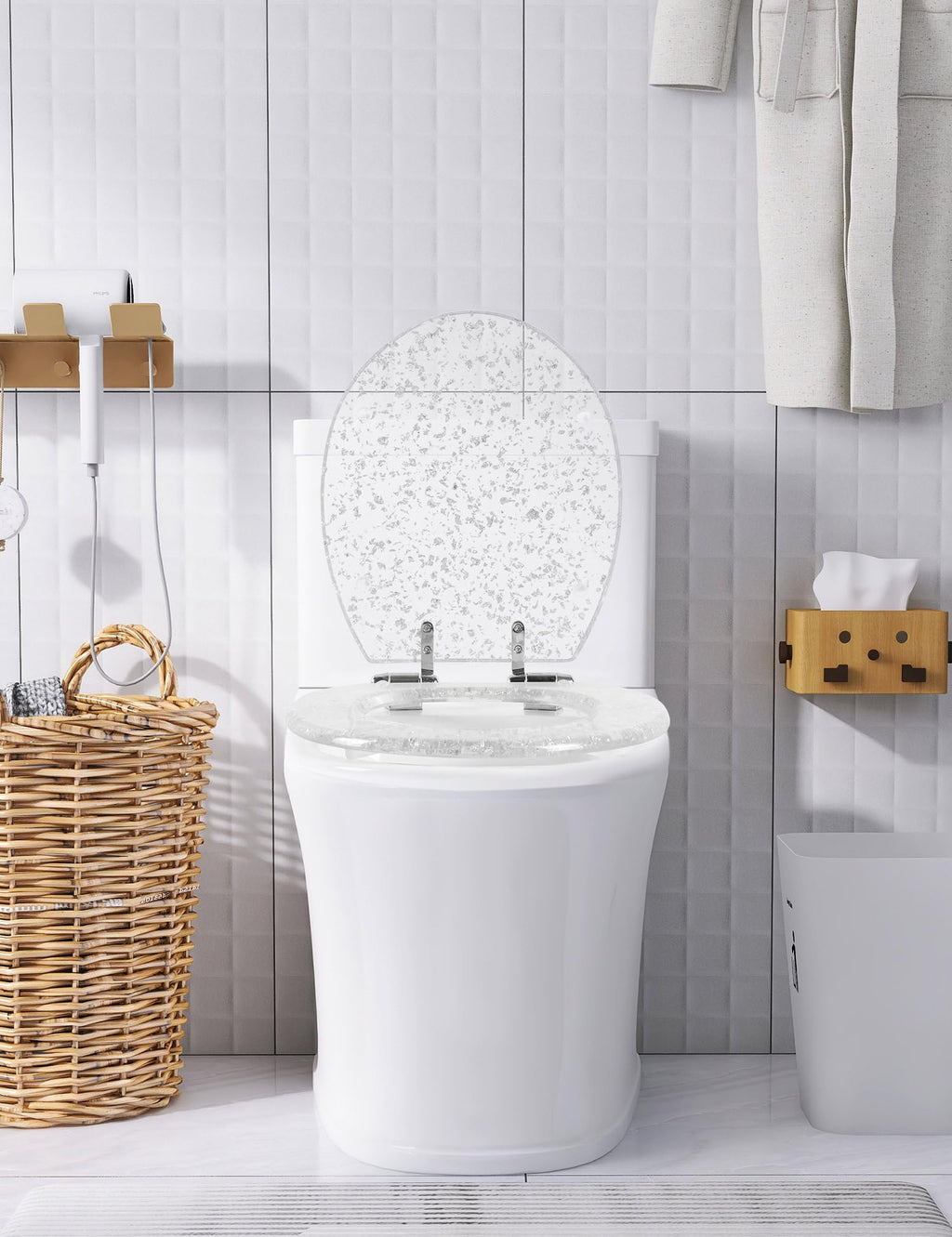 Round Resin Toilet Seat Glitter Soft Close Quick Release Metal Zinc Alloy Hinge Easy to Install also Easy to Clean, Decorative Acrylic Seats (17 Inch)