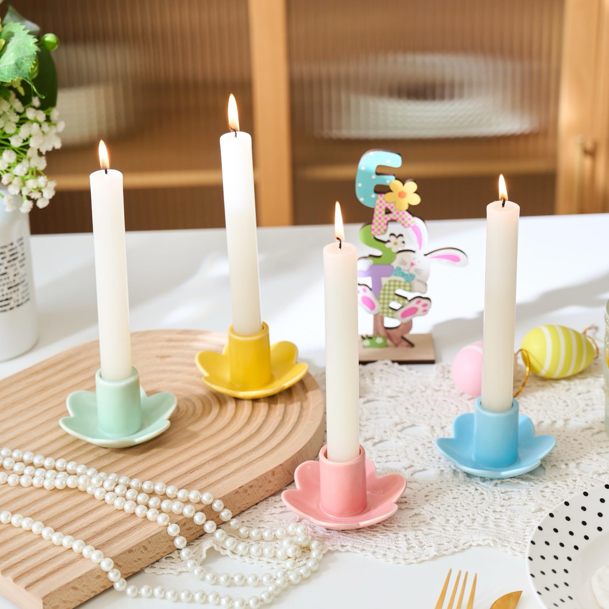 Colorful Ceramic Candlestick Holders Set of 4, Cute Taper Candle Holders Chic Flower Shaped Table Centerpiece