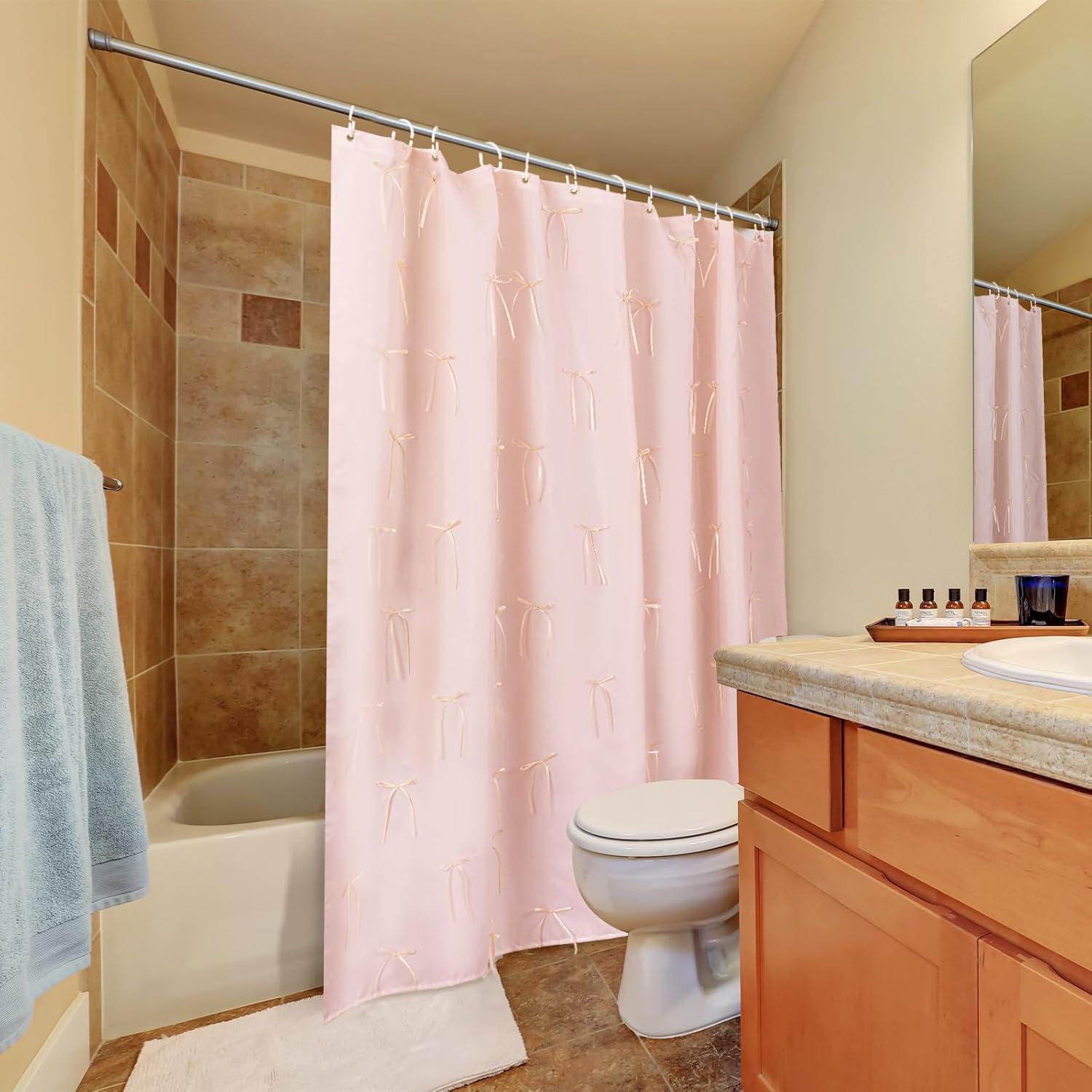 Coquette Pink Bow Shower Curtain Shower Curtain with 12 Buttonholes Bathroom Modern Aesthetic Cloth Shower Curtain Set, 72" W x 72" H