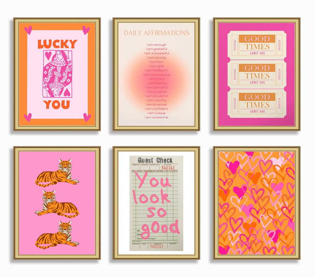 Pink and Orange Preppy Wall Art Queen Poker Halo Angel Digital Poster Tiger Heart You Look Good Yk2 Print Fashion Preppy Canvas Unframed Size: 8x10 inches 6 Pieces