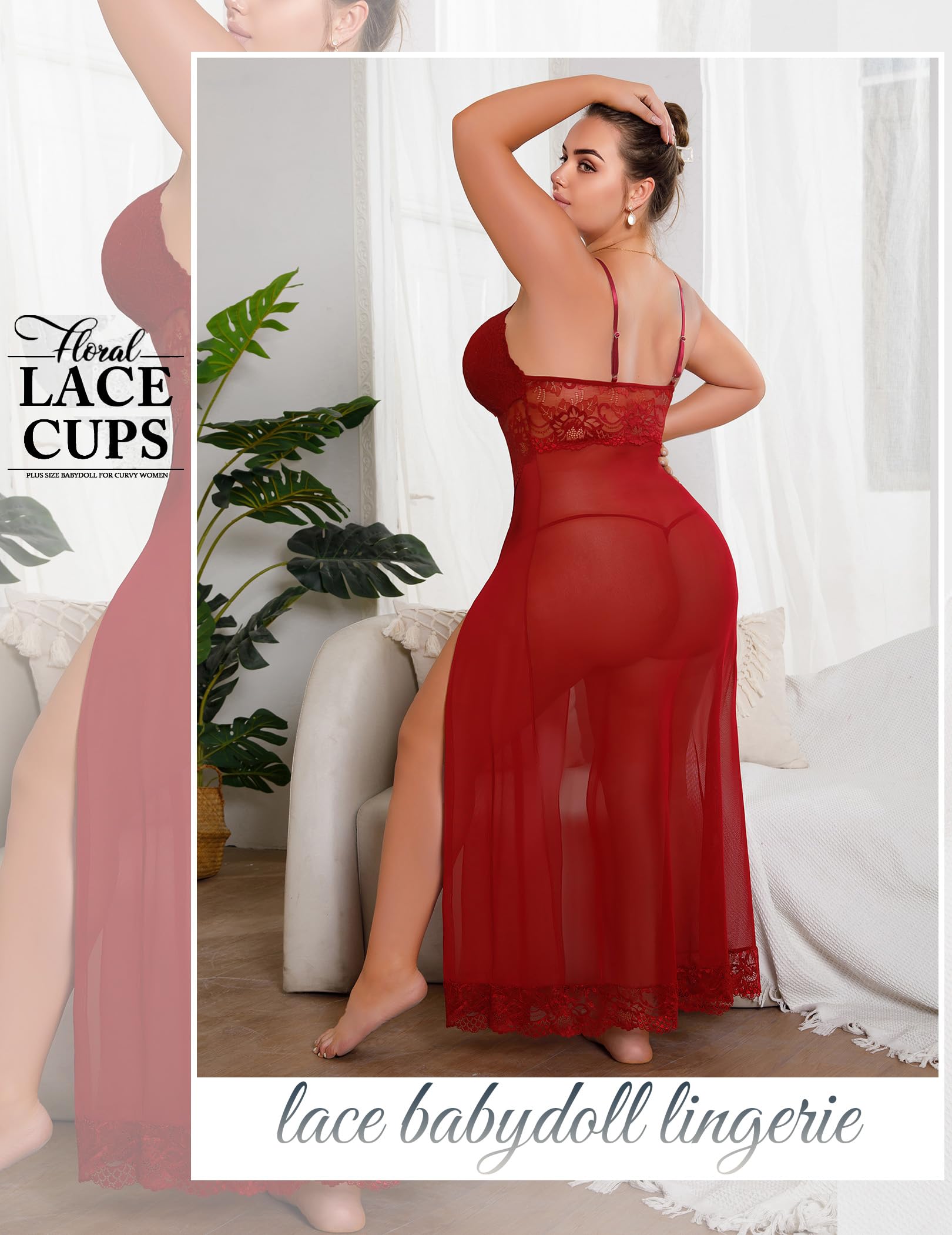 Plus Size Lingerie For Women Babydoll Sexy Mesh Maxi Nightdress Exotic Sleepwear Side Slits