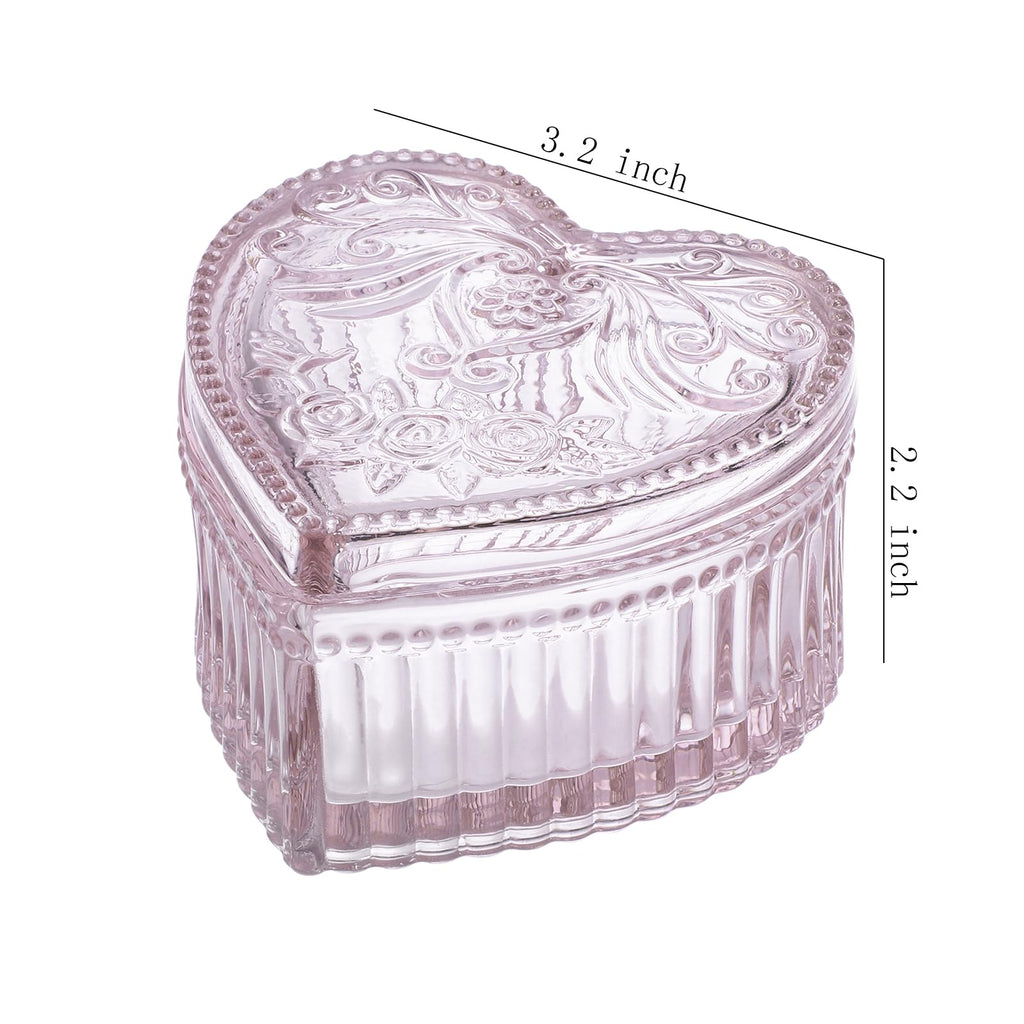 Heart-Shaped Crystal Glass Jewelry Box with Embossed Design and Lid