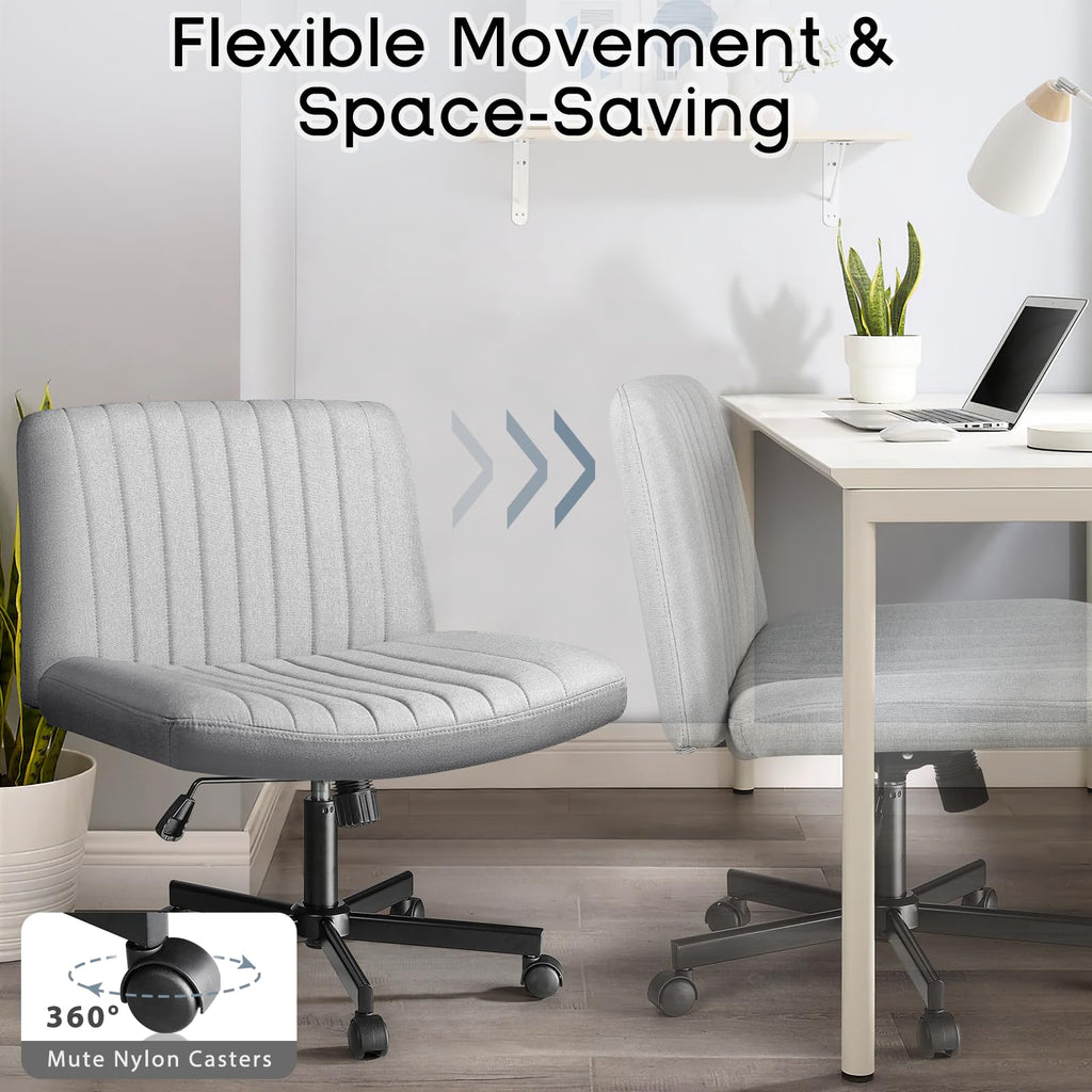 Criss Cross Chair, Armless Cross Legged Office Desk Chair No Wheels, Fabric Padded Modern Swivel Height Adjustable Mid Back Wide Seat