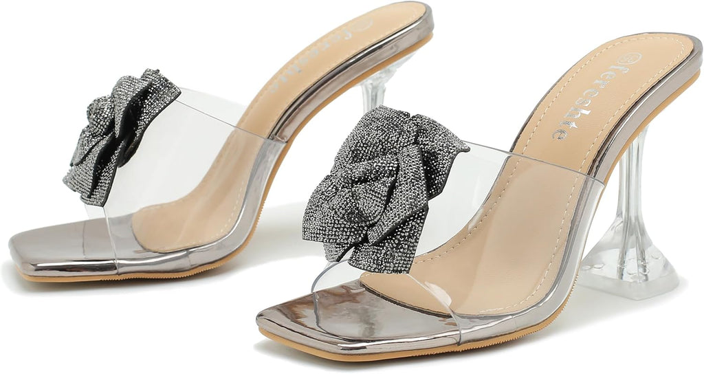 Women's Crystal Flower Heels Square Toe Heeled Sandals